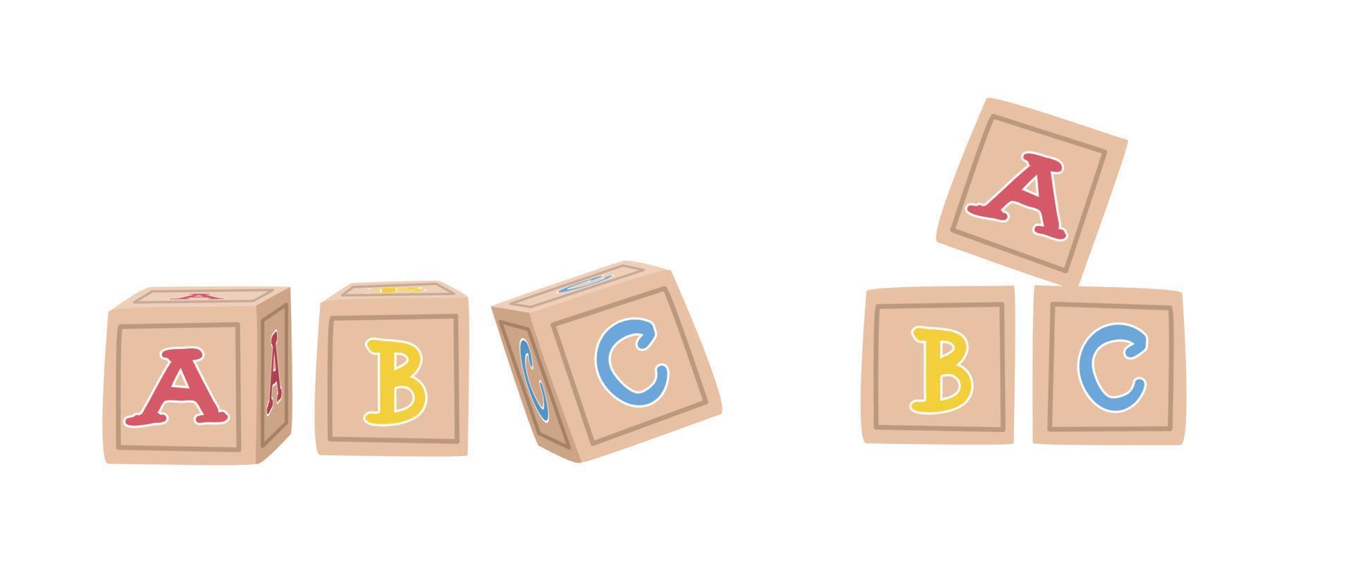 juguete de bebé bloques de letras de madera clipart. bloques de alfabeto lindos simples que deletrean ilustración de vector plano abc aislado en. imágenes prediseñadas de estilo de dibujos animados de bloques de bebé. vector de bloques abc. niños, concepto de baby shower