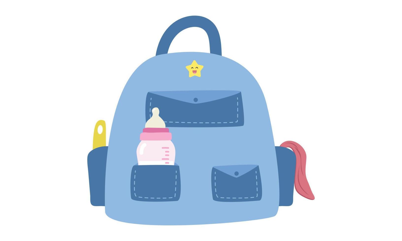 Baby bag clipart. Simple cute blue mother bag with baby's stuff baby bottle, towel, bottle brush flat vector illustration. Baby care bag cartoon style. Kids, newborn and nursery decoration concept