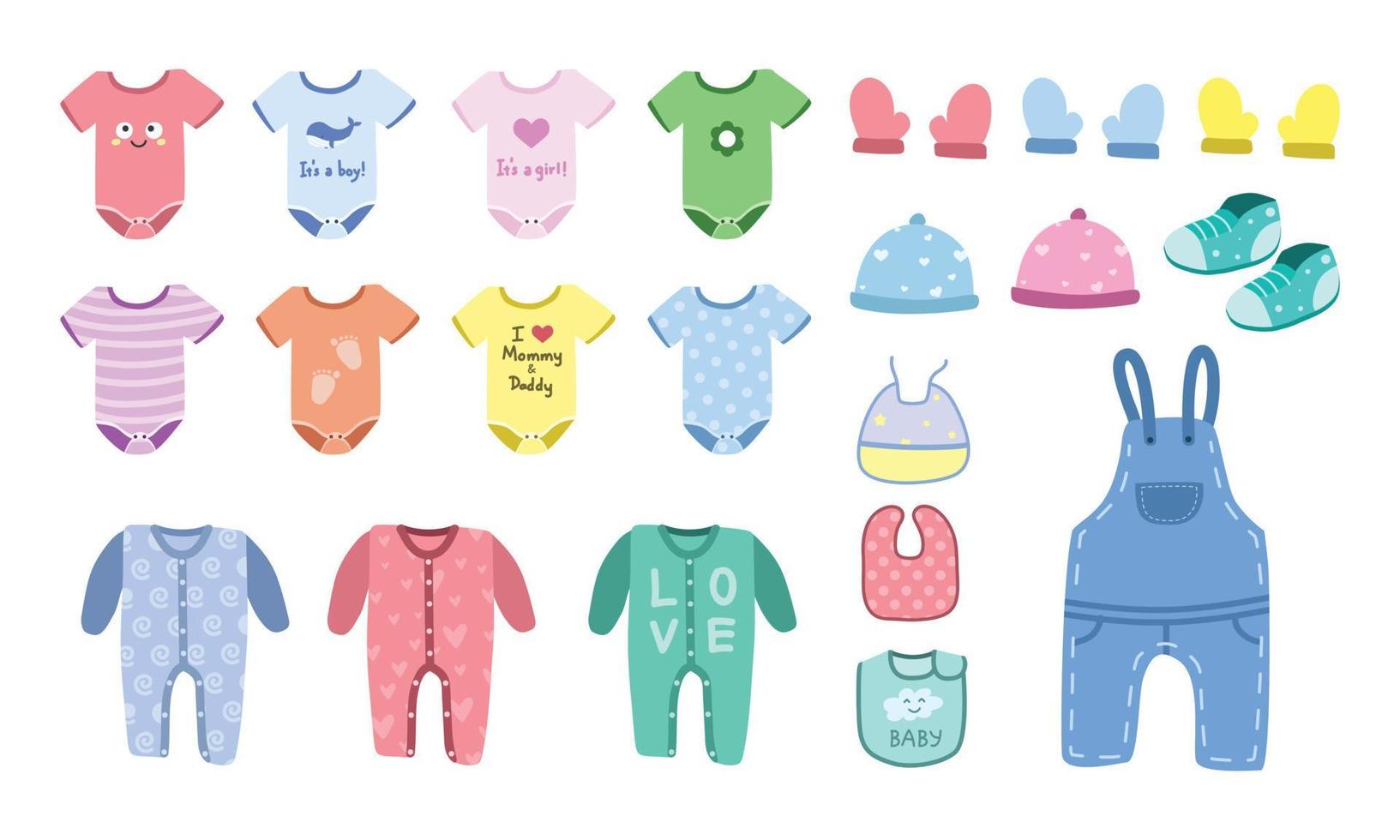 Vector set of baby clothes clipart. Simple cute baby onesie, jumpsuit, sleepsuit, romper, denim overalls, bib, gloves, shoes, hats flat vector illustration. Children clothes fashion cartoon style