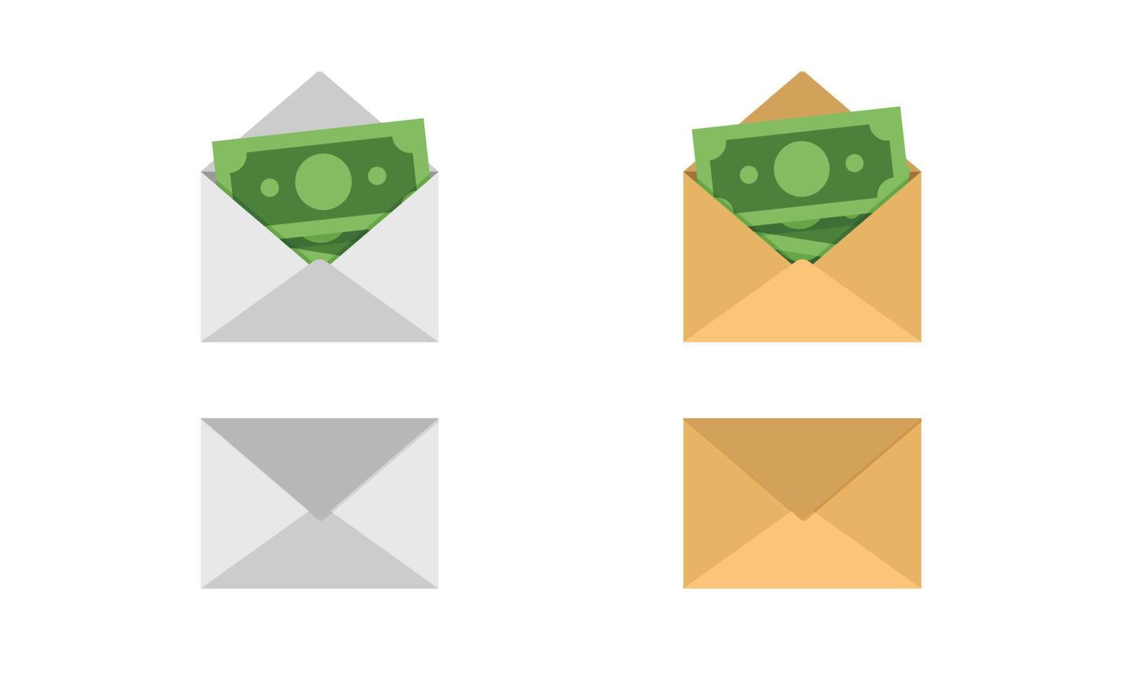 Money in white and carton paper envelopes clipart vector design illustration. Green money banknote dollar bills packed in paper envelope flat icon cartoon style. Money, banknote, investment