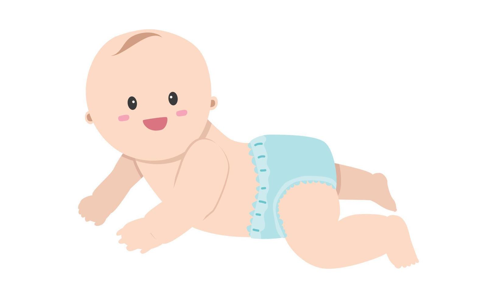 Smiling crawling baby clipart. Simple cute smile baby wearing diaper flat vector illustration. Happy baby crawling on the floor cartoon style. Kids, baby shower, newborn and nursery decoration concept