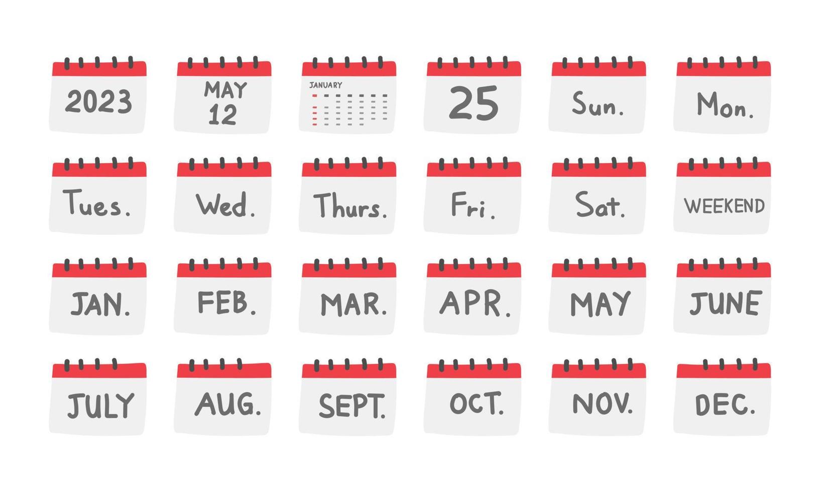 conjunto de ilustración de vector de dibujo de doodle de imágenes prediseñadas de calendario de escritorio simple. lindo calendario de mesa que muestra los días de la semana y los meses del año estilo de dibujos animados planos dibujados a mano. organización, conceptos de eventos
