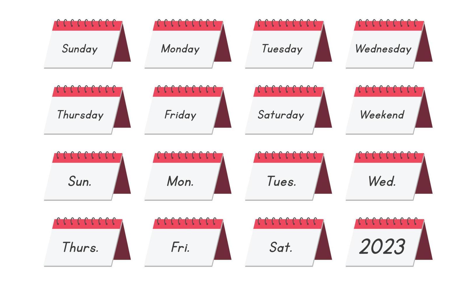 conjunto de ilustración de vector de imágenes prediseñadas de calendario de escritorio simple. lindo calendario de mesa diario que muestra los días de la semana y sus abreviaturas estilo de dibujos animados planos dibujados a mano. organización, conceptos de eventos