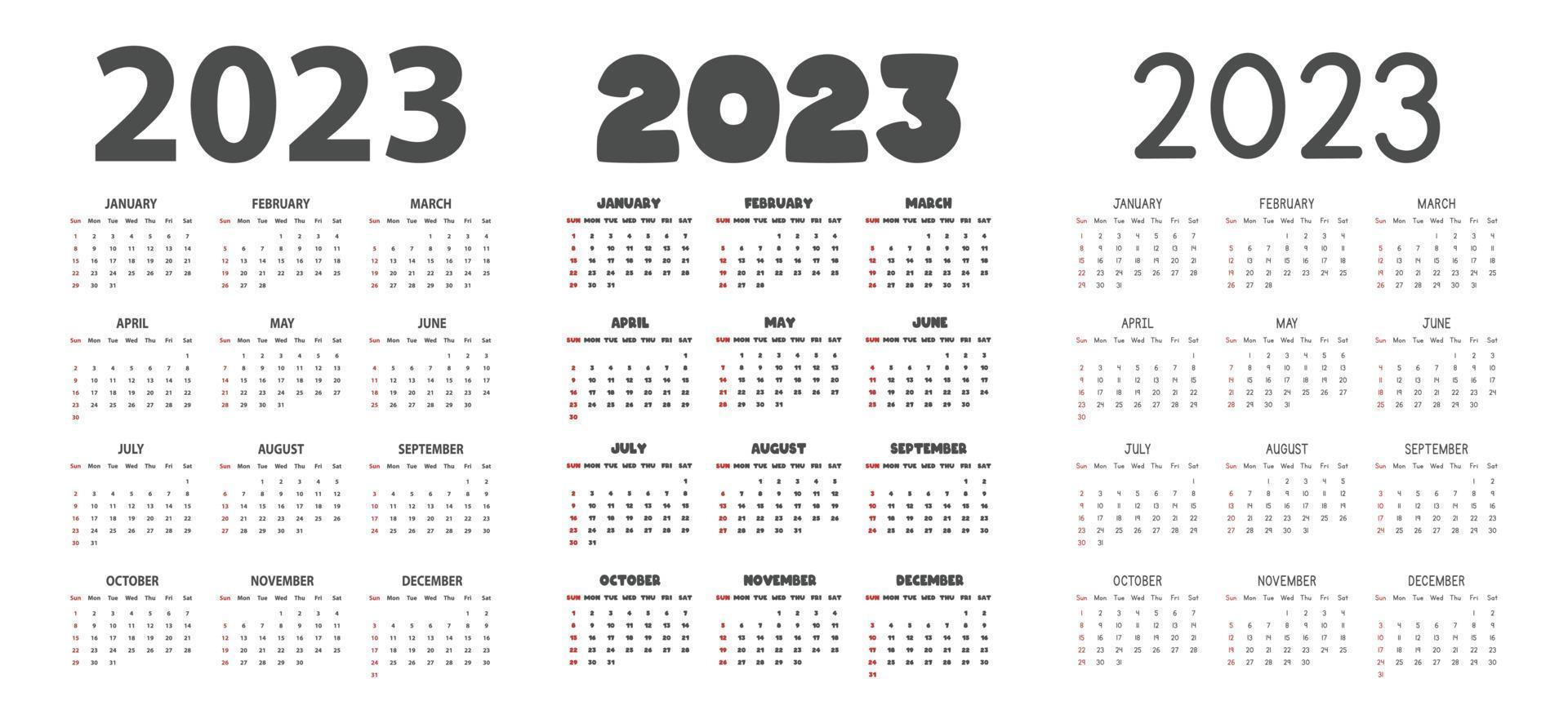 2023 calendar in different fonts style vector illustration. Simple classic monthly calendar for 2023 in sans, bold, cartoon font. The week starts Sunday. Minimalist calendar planner year 2023 template