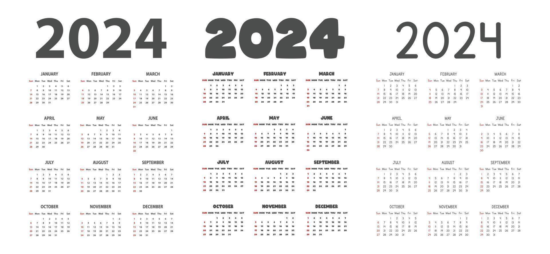 2024 calendar in different fonts style vector illustration. Simple classic monthly calendar for 2024 in sans, bold, cartoon font. The week starts Sunday. Minimalist calendar planner year 2024 template