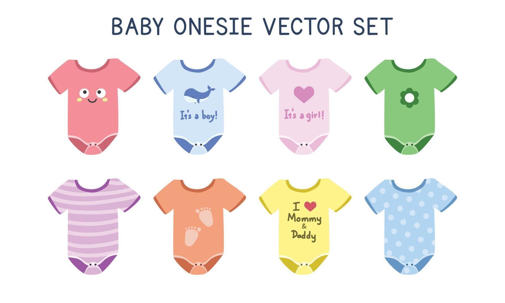 Set of lovely baby onesie clipart. Simple cute baby onesie with kawaii designs flat vector illustration. Baby bodysuit, body children, baby shirt, romper, clothes for newborns cartoon drawing style