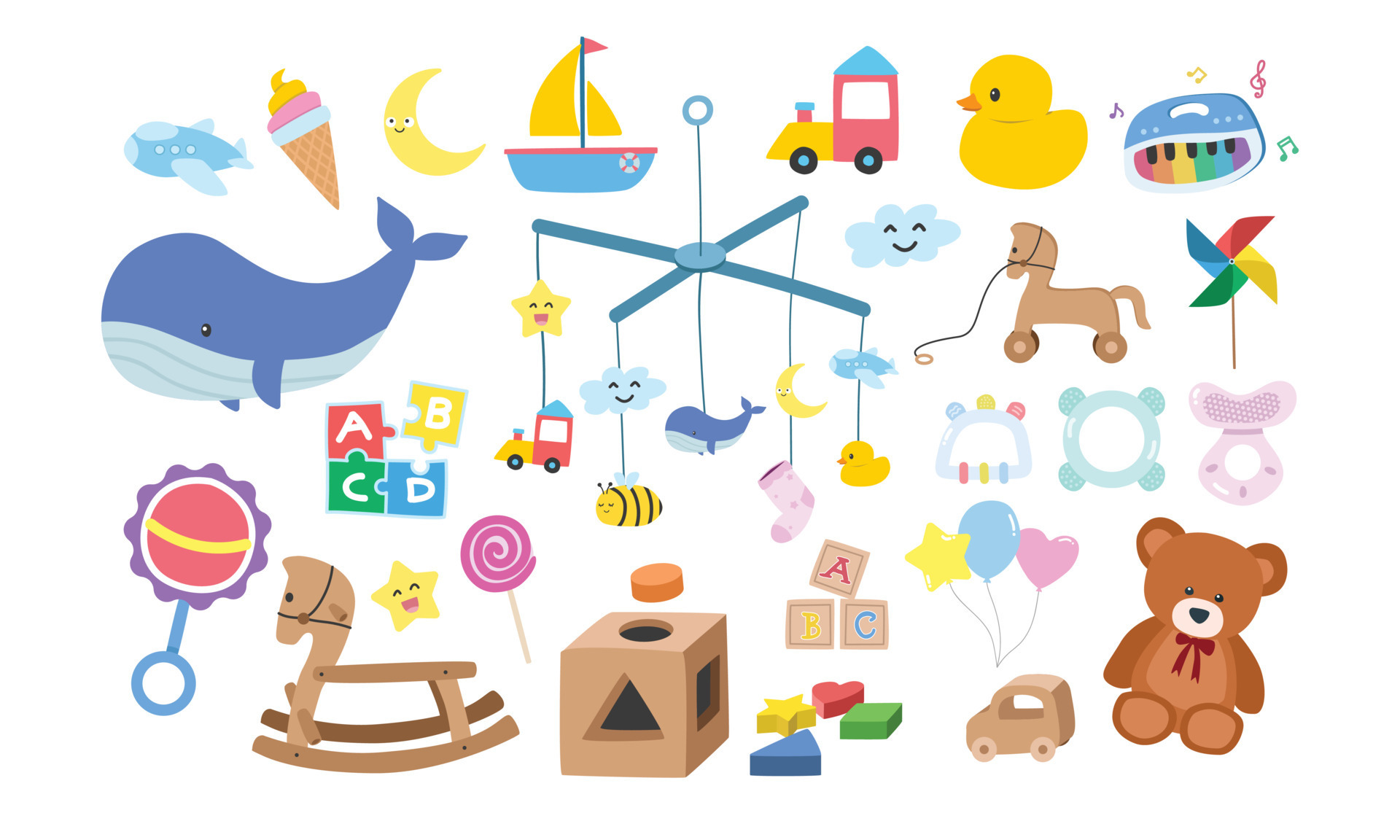 Vector set of kids toys clipart. Simple cute baby toys flat vector illustration. Children toys rubber duck, baby mobile, piano, shape sorter, teddy bear, baby blocks, rattle, teether, puzzle cartoon 13740610 Vector Vector set of kids toys clipart. Simple cute baby toys flat vector illustration. Children toys rubber duck, baby mobile, piano, shape sorter, teddy bear, baby blocks, rattle, teether, puzzle cartoon 13740610 Vector