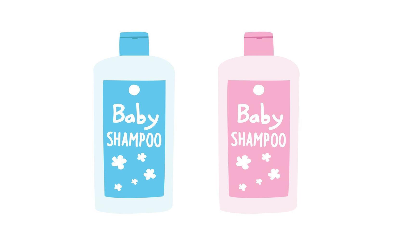 Baby shampoo bottle clipart. Simple cute blue and pink bottles of baby shampoo, shower gel, lotion, body milk package flat vector illustration. Plastic bottles of baby cosmetic products cartoon style