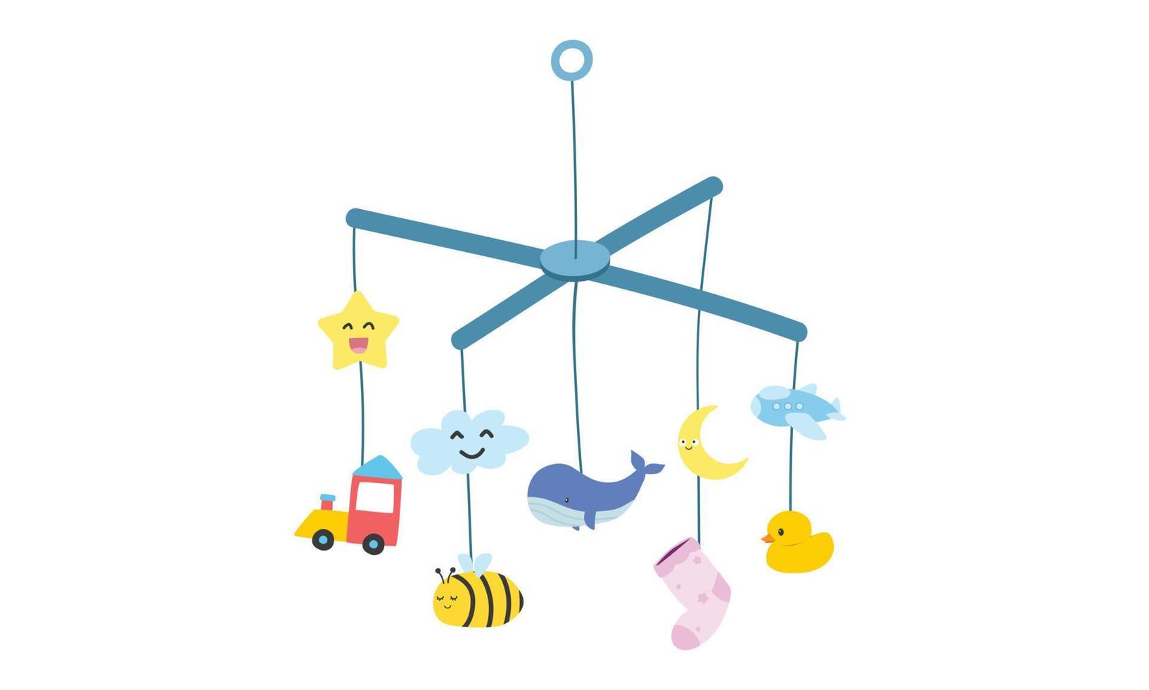 Baby mobile toy clipart. Simple crib mobile hanging toy for baby flat vector illustration isolated. Baby mobile with cute star, cloud, moon, whale, rubber duck, bee, sock, airplane toy cartoon style