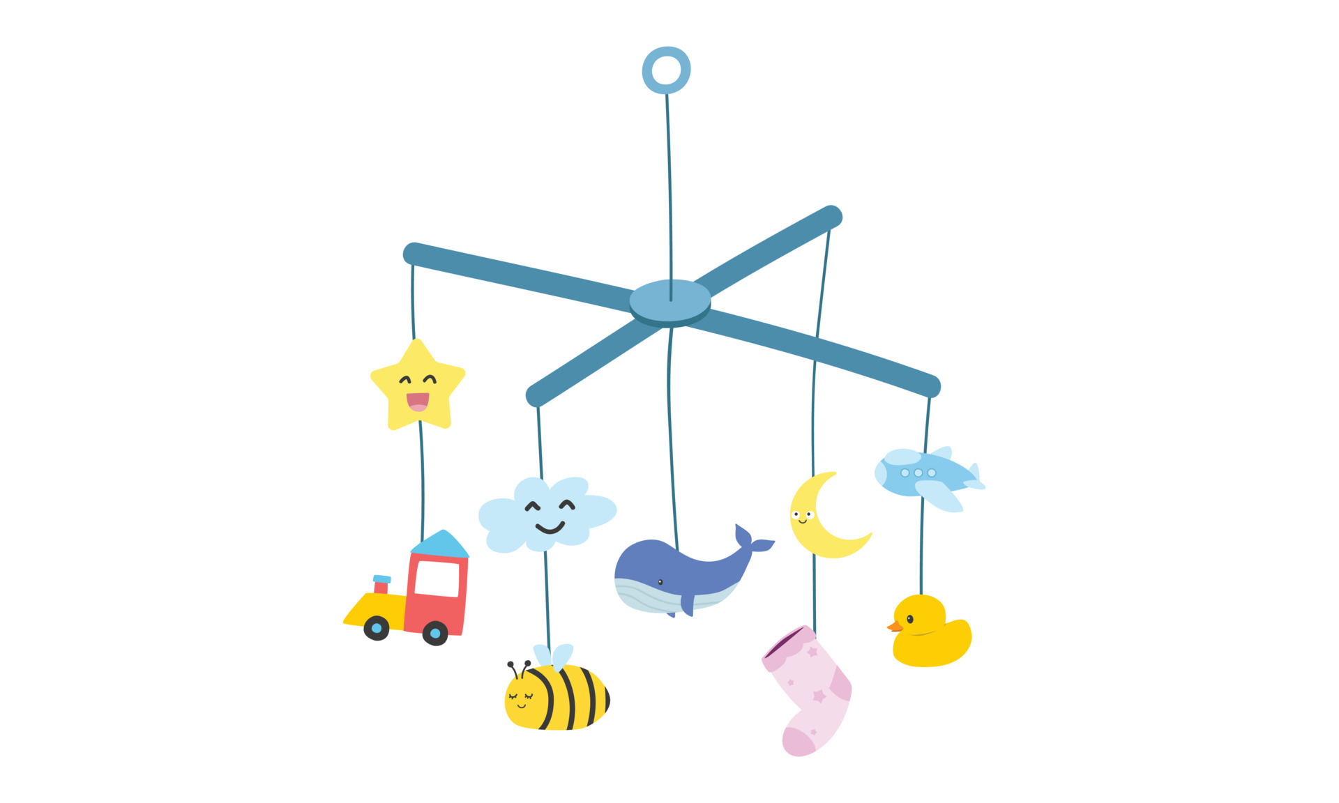 Baby mobile toy clipart. Simple crib mobile hanging toy for baby flat