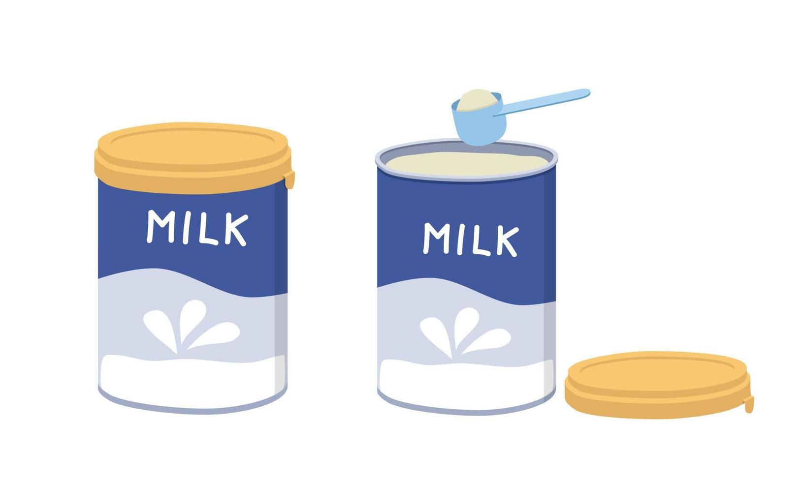 conjunto de imágenes prediseñadas de leche en polvo para bebés abiertas y cerradas. leche en polvo simple en lata de aluminio cuchara dosificadora de plástico azul completo o ilustración de vector plano de cuchara. dibujo enlatado de fórmula de leche en polvo