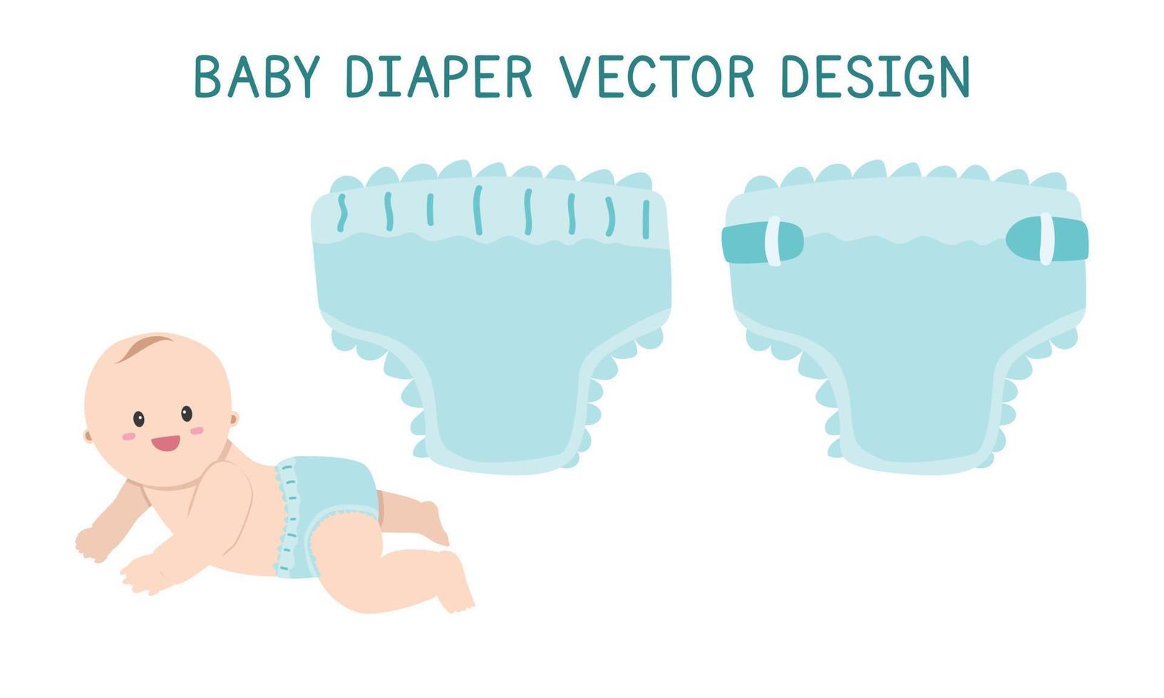 Vector set of baby diaper clipart. Simple cute blue diaper baby with a crawling baby wearing diaper flat vector illustration. Disposable, underwear diaper cartoon style. Kids, baby shower, newborn