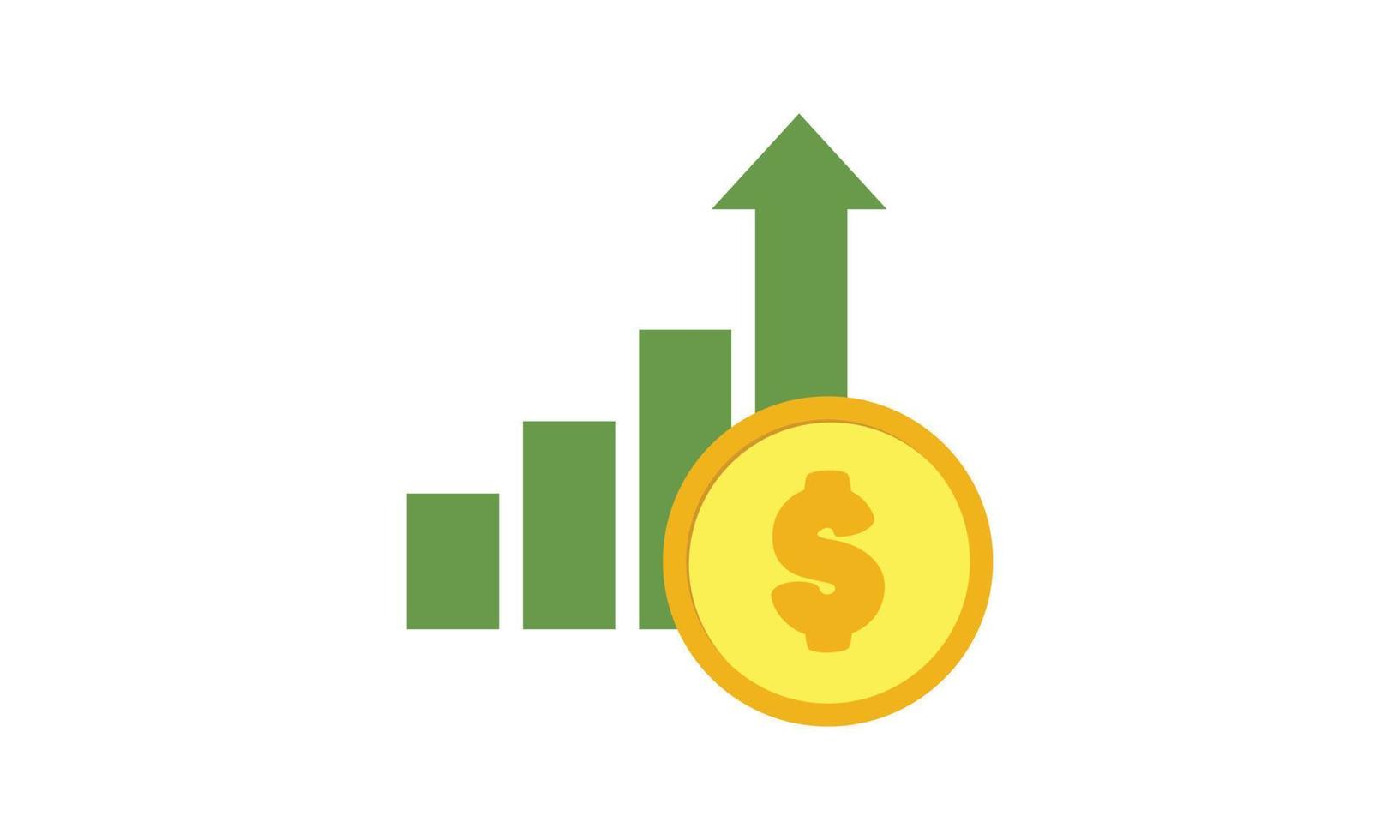 Grow money clipart vector design illustration. Yellow golden coin with finance graph flat icon cartoon style. Use for finance diagram infographic, investment, finance, wealth, budget concept