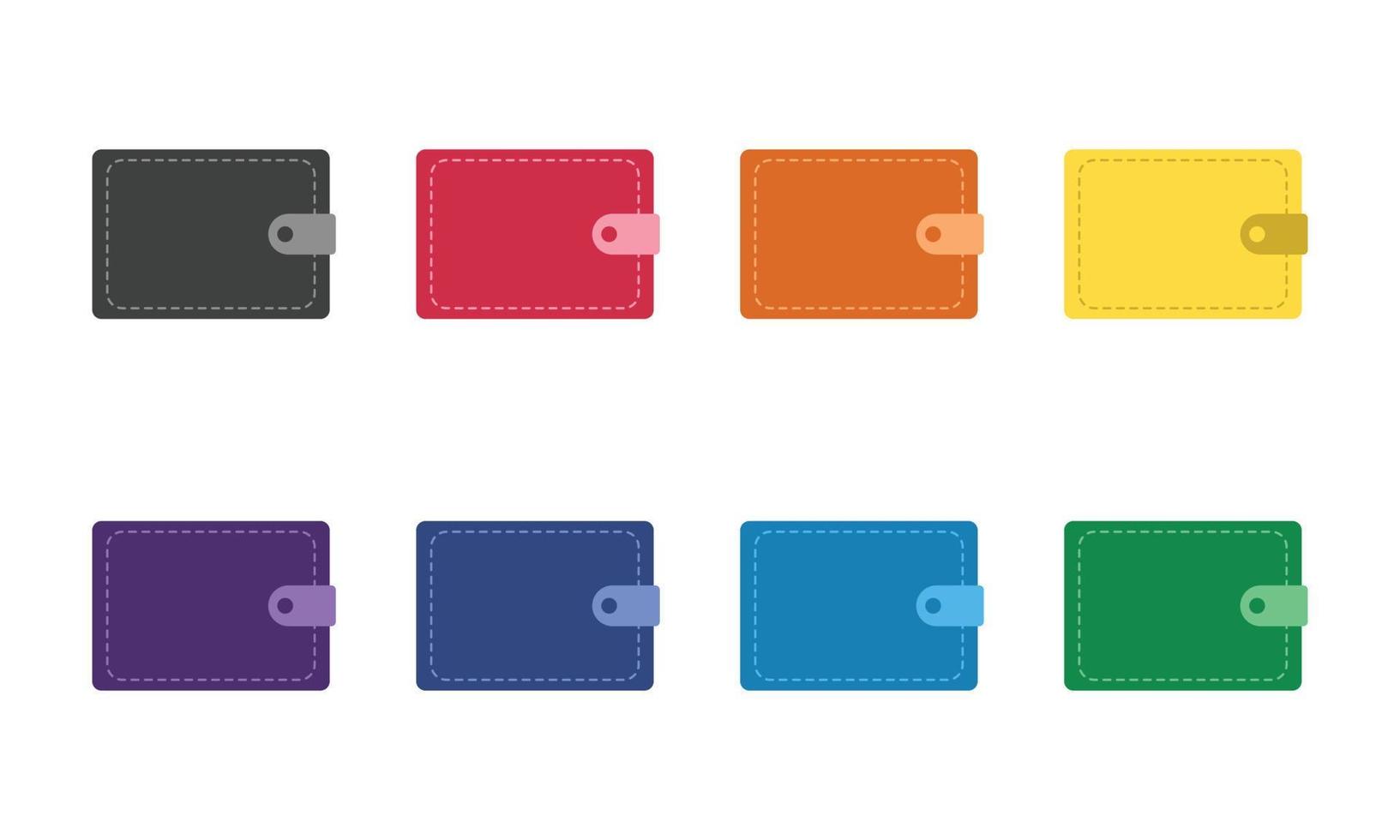 Set of multicolor wallet clipart vector design illustration. Black, red, orange, yellow, green, blue, and indigo wallet of money flat icon cartoon style. Money, banknote, finance, budget, cash concept