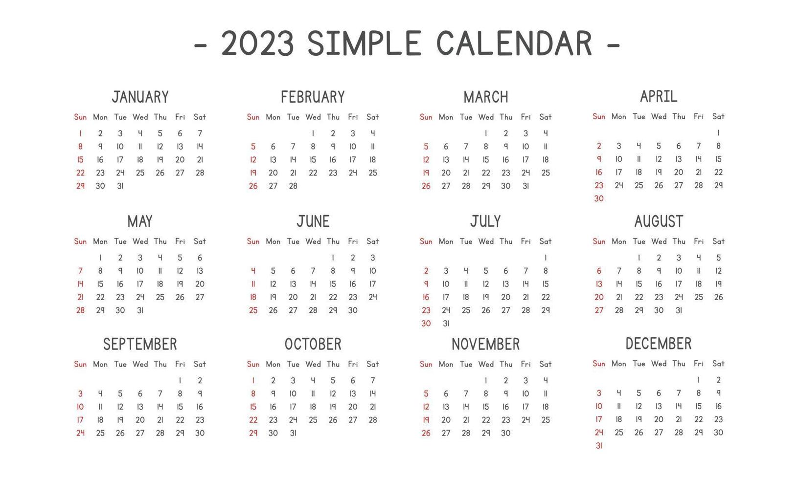 2023 calendar in simple style vector illustration. Simple classic monthly calendar design for 2023 in a clean cartoon font. The week starts Sunday. Minimalist calendar planner year 2023 template print