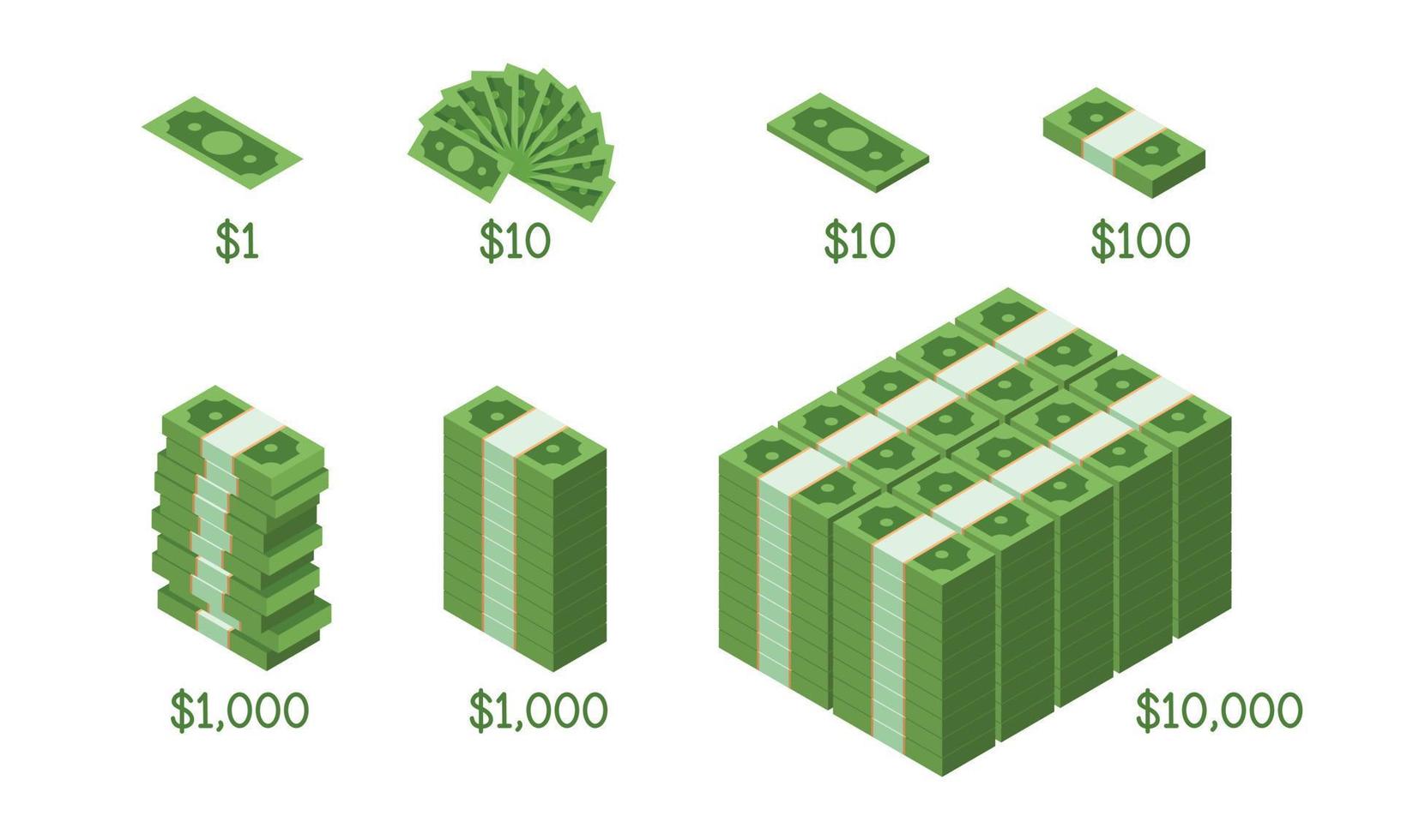 Visualizing money amount infographics clipart vector design. Set of 1 dollar, 10 dollars, 100 dollars, 1000 dollars, and 10000 dollars green money banknote dollar bills piles flat icon cartoon style