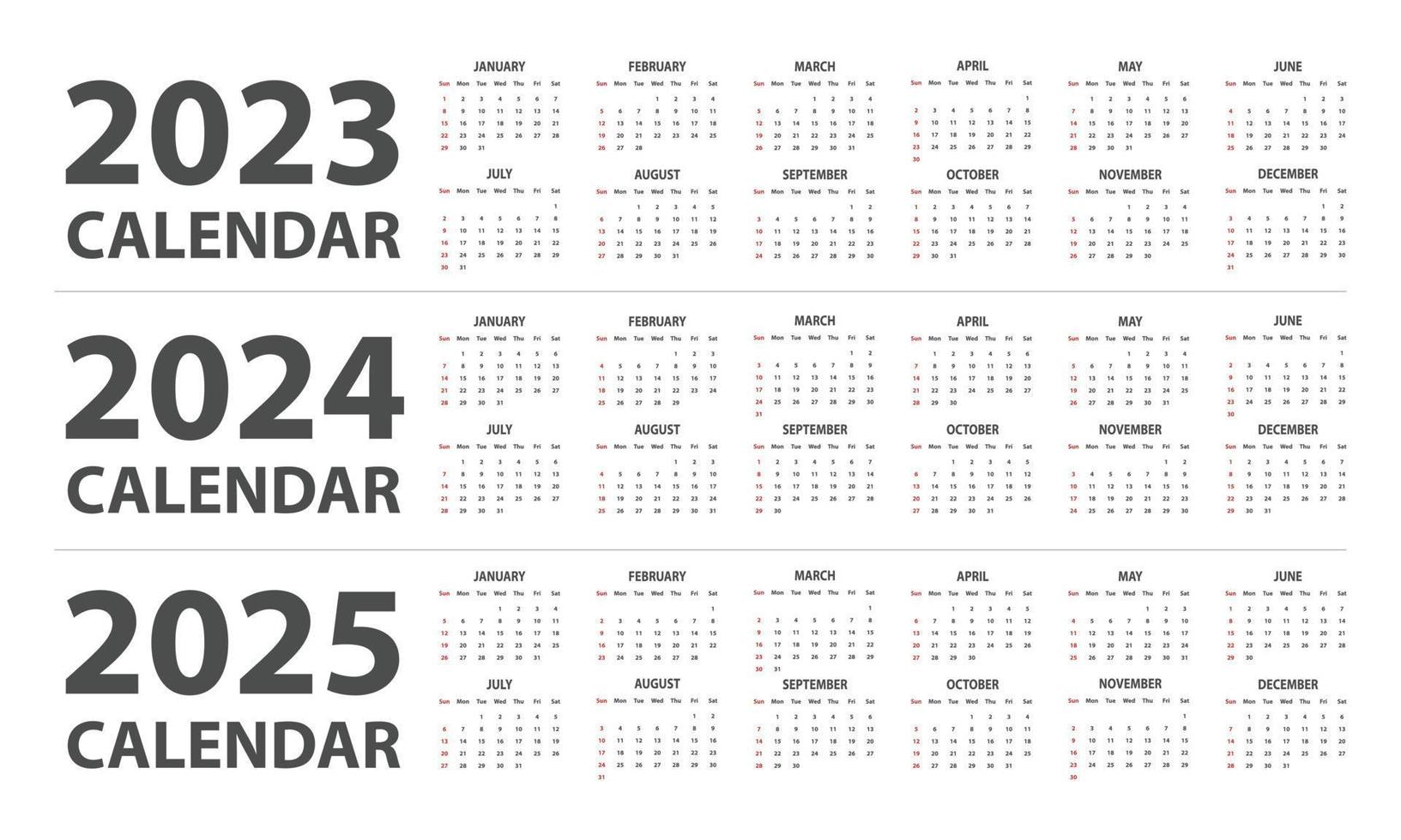 2023, 2024, 2025 calendar vector illustration. Simple classic monthly calendar for years 2023, 2024, 2025. The week starts on Sunday. Minimalist calendar planner year 2023 and 2024 and 2025 template