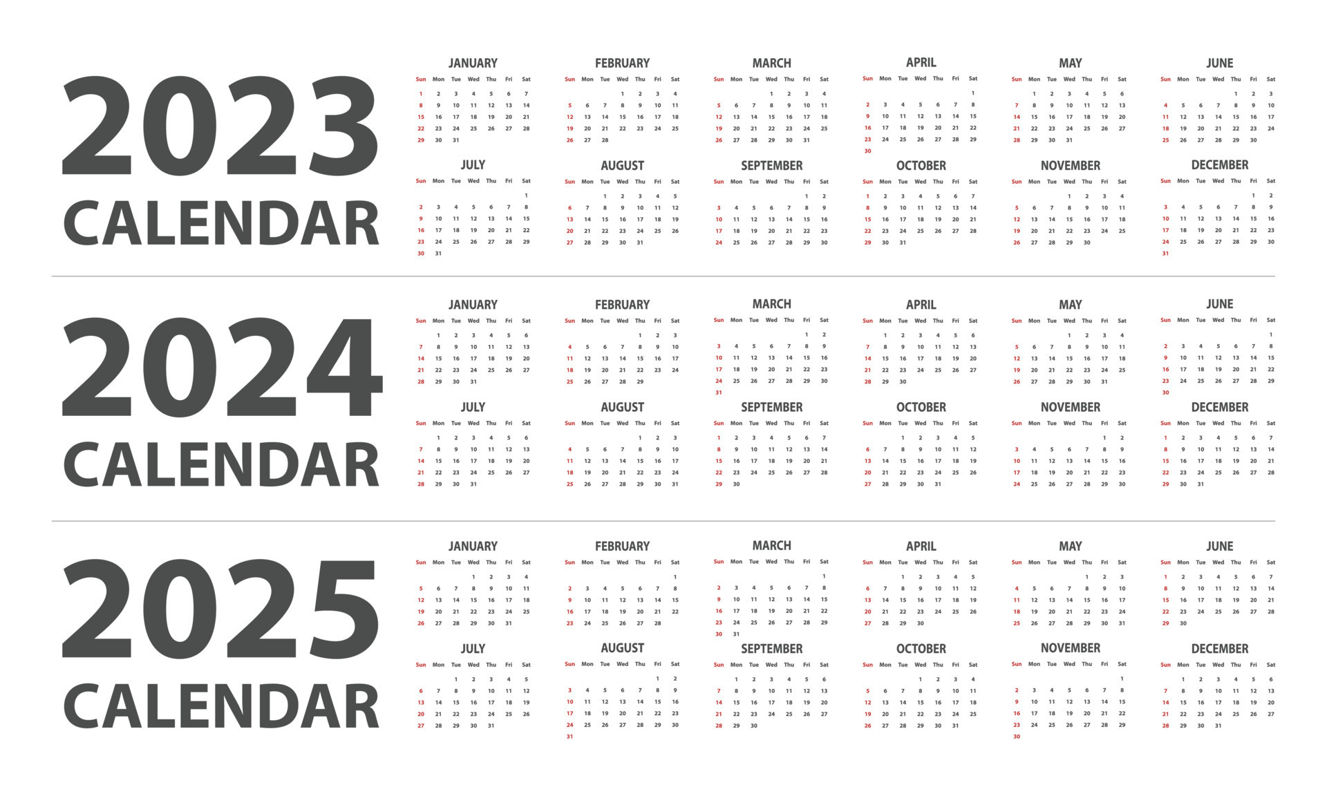 Ilustración de vector de calendario 2023, 2024, 2025. calendario mensual  clásico simple para los años 2023, 2024, 2025. la semana comienza el  domingo. plantilla de planificador de calendario minimalista año 2023 y 2024  y 2025 13740650 Vector en Vecteezy