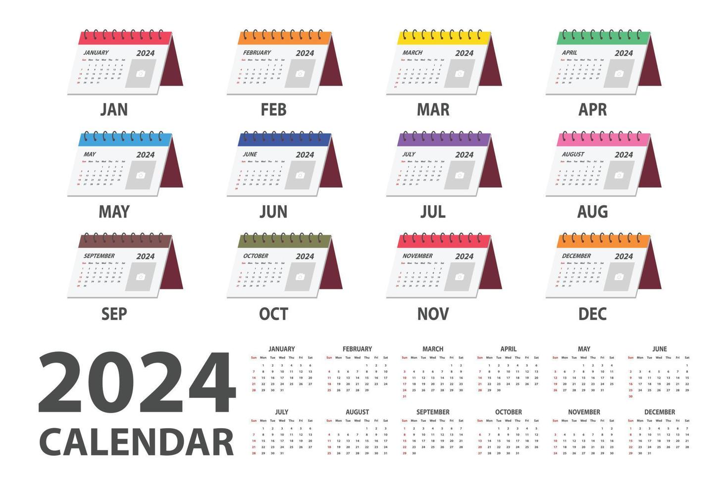 2024 calendar vector illustration. Simple classic monthly calendar for 2024 with clipart of multicolor desk calendar. The week starts on Sunday. Minimalist calendar planner year 2024 template printing