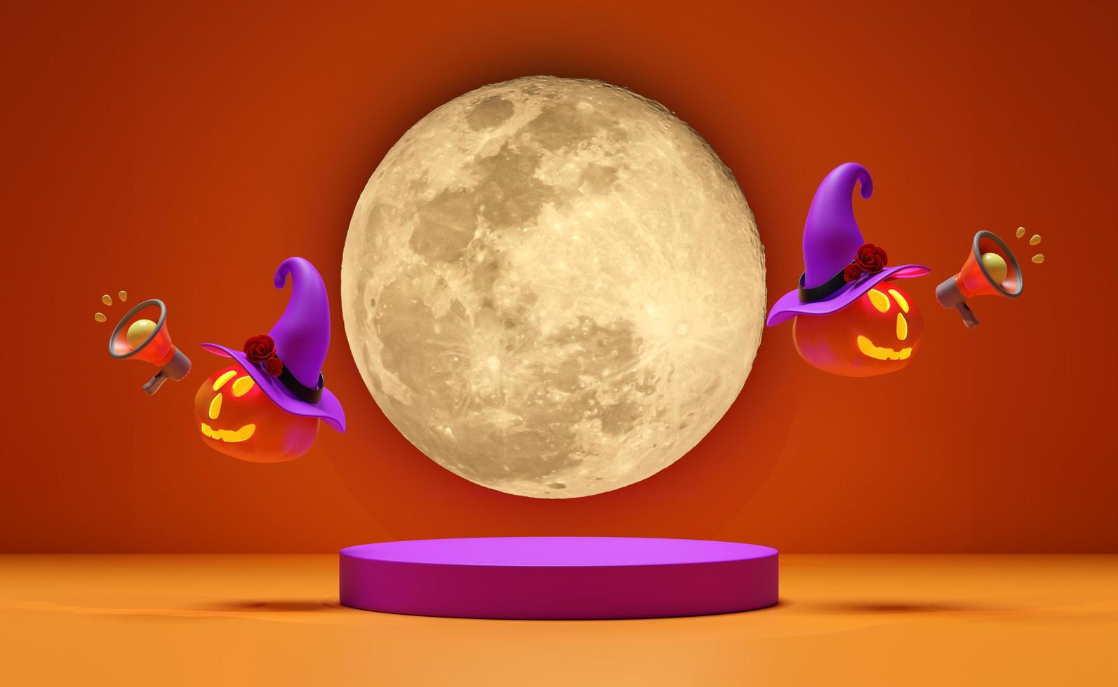 3d cylinder stage podium, halloween pumpkin holiday party with full moon, megaphone, witch hat isolated on orange background. marketing shopping, promotion news concept, 3d render illustration photo
