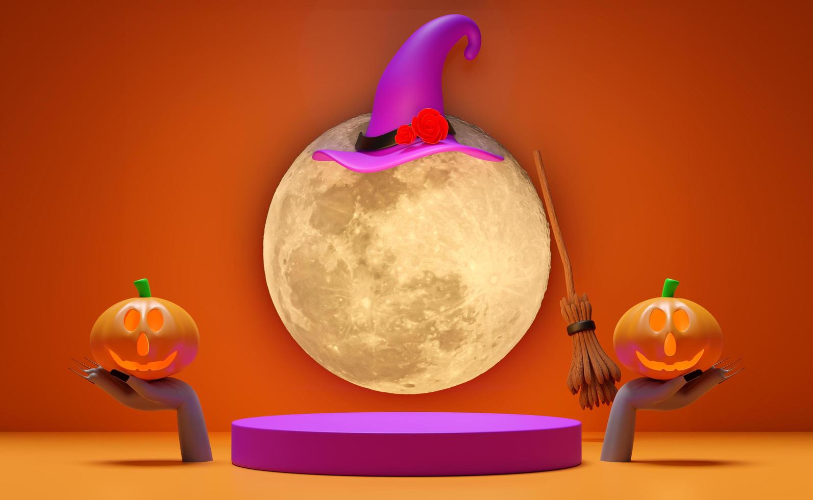3d cylinder stage podium, hand of a undead hold pumpkin holiday party with full moon, witch hat, broom isolated on orange background. marketing shopping, promotion news concept, 3d render illustration photo