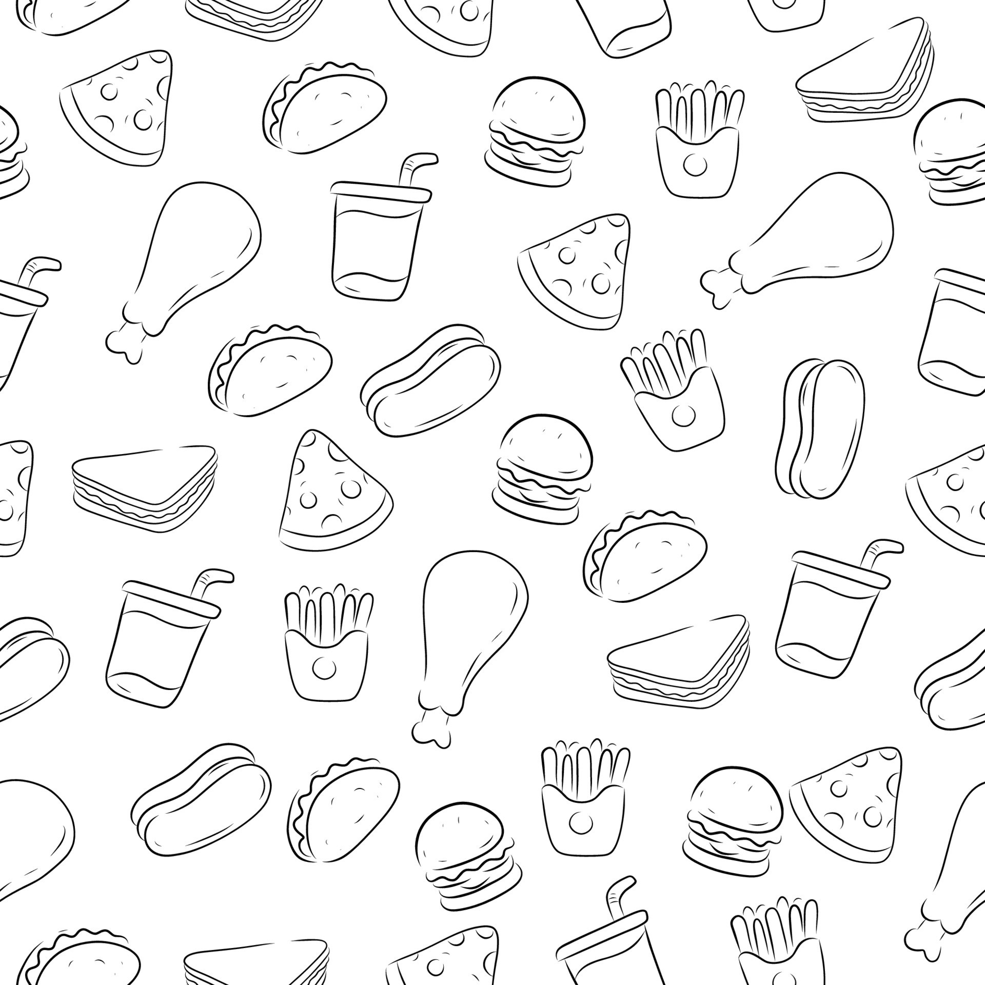Fast foods doodle seamless doodle pattern with a black and white color  suitable for background 13740829 Vector Art at Vecteezy