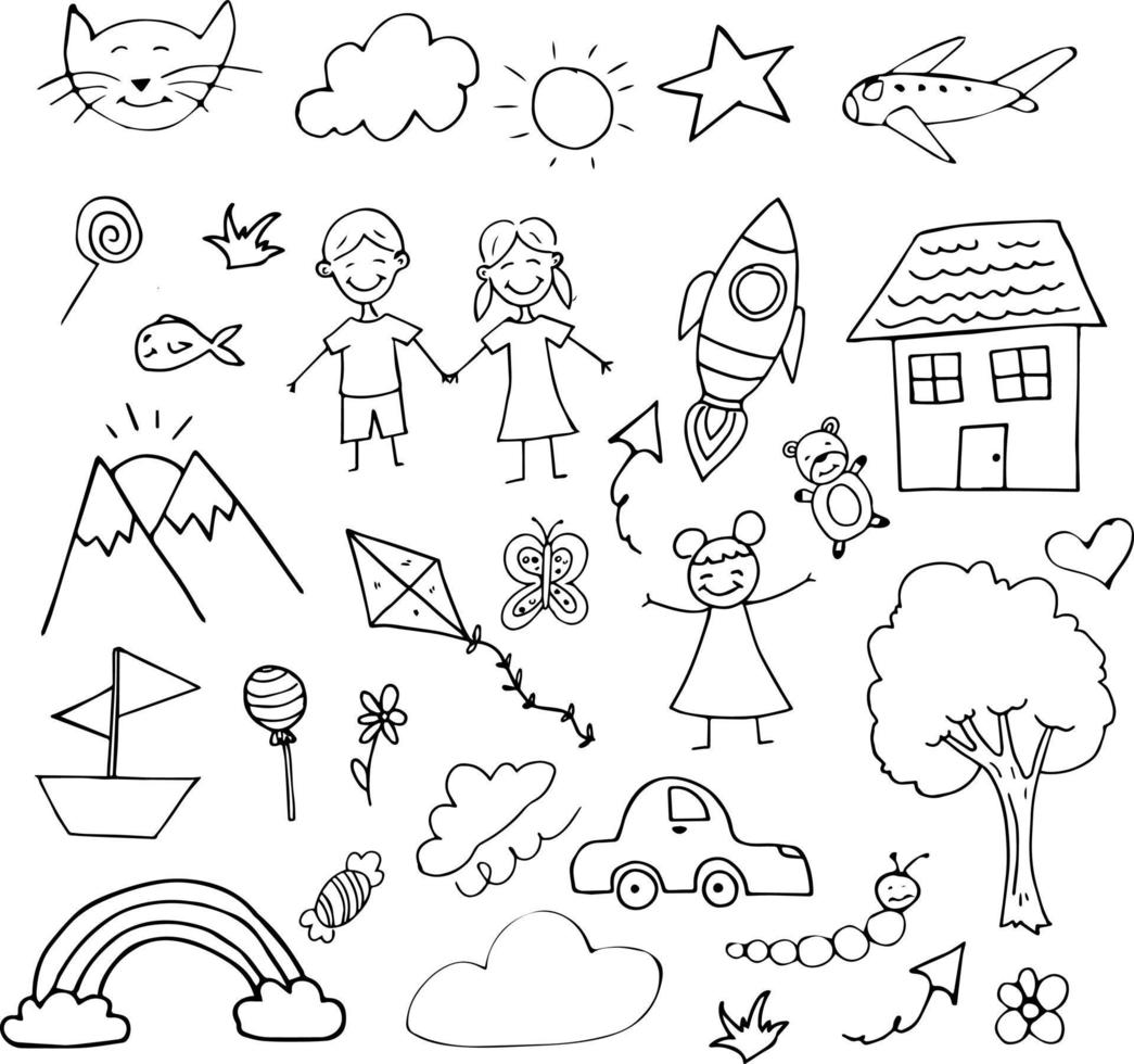 Kids Hand Drawn Vector Illustration Objects Set