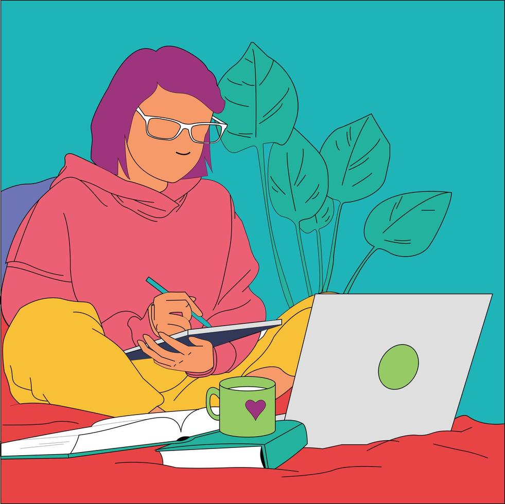 Girl student freelancer working with laptop at home by the window, education and remote work, programmer, online business vector