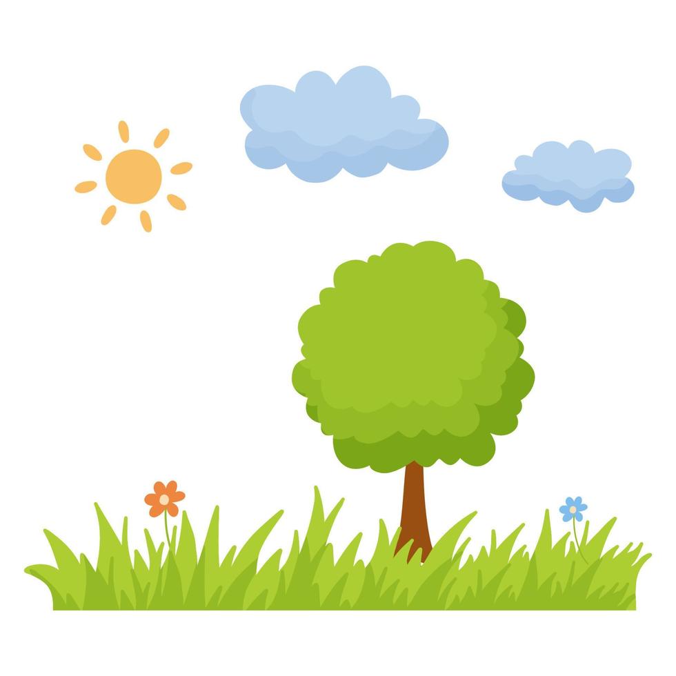 Simple hand drawn vector landscape. Cartoon flat childish illustration with clouds, tree, lawn and grass