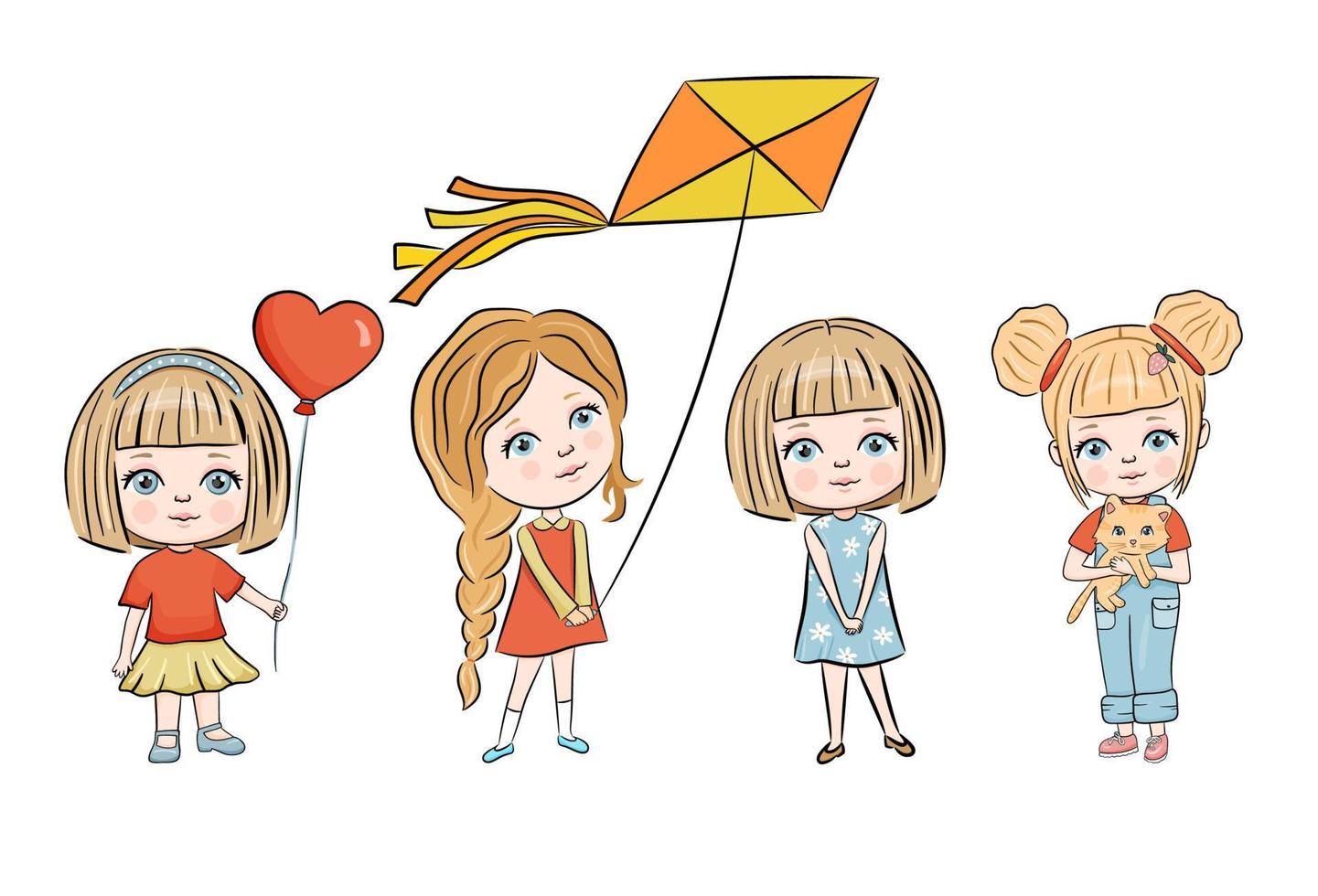 Cute little girl with kite and balloon heart. Vector cartoon illustration isolated on white. Collection of colorful kids