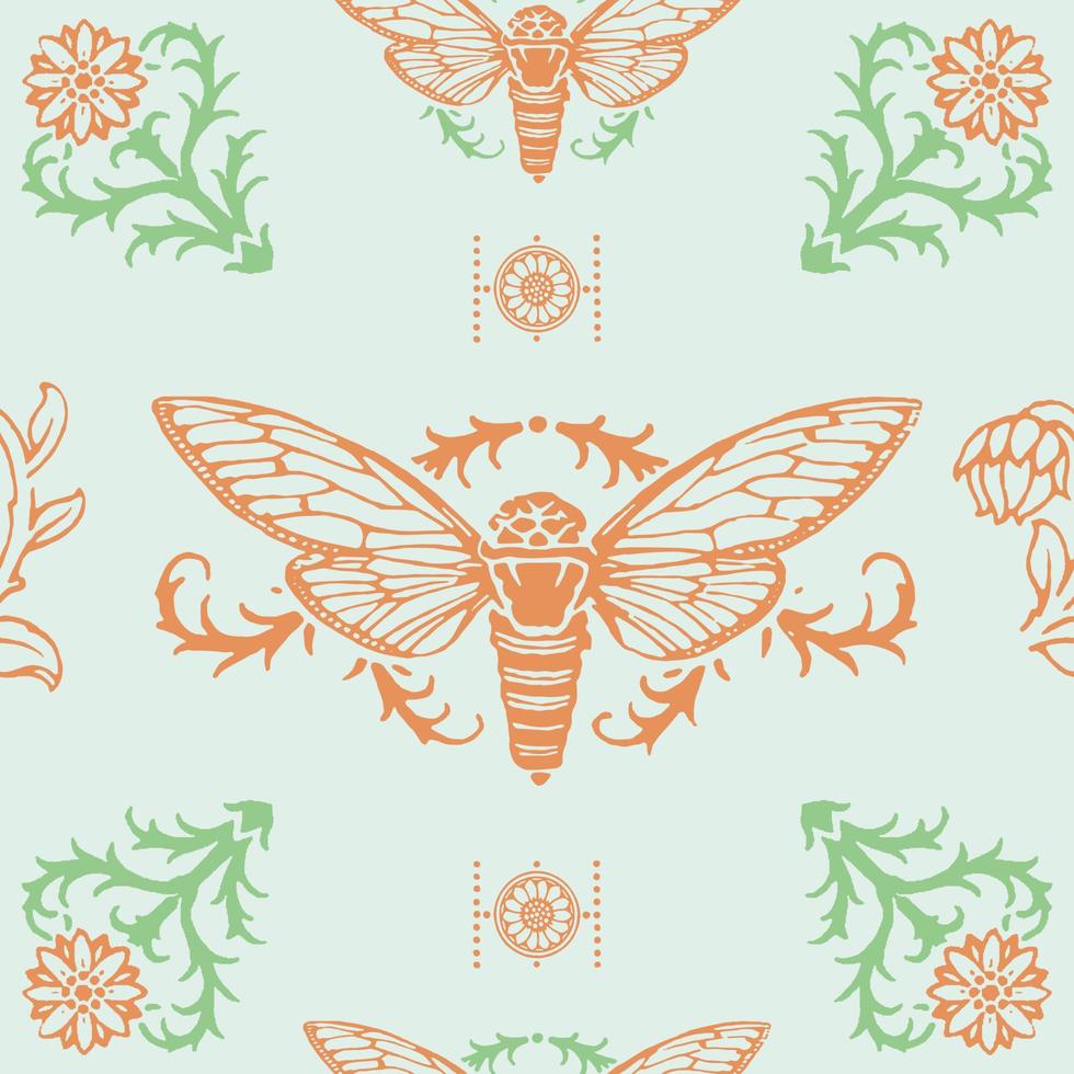 Cicada seamless pattern. A symbol of resurrection. Symbolising personal change, renewal, rebirth, and transformation vector