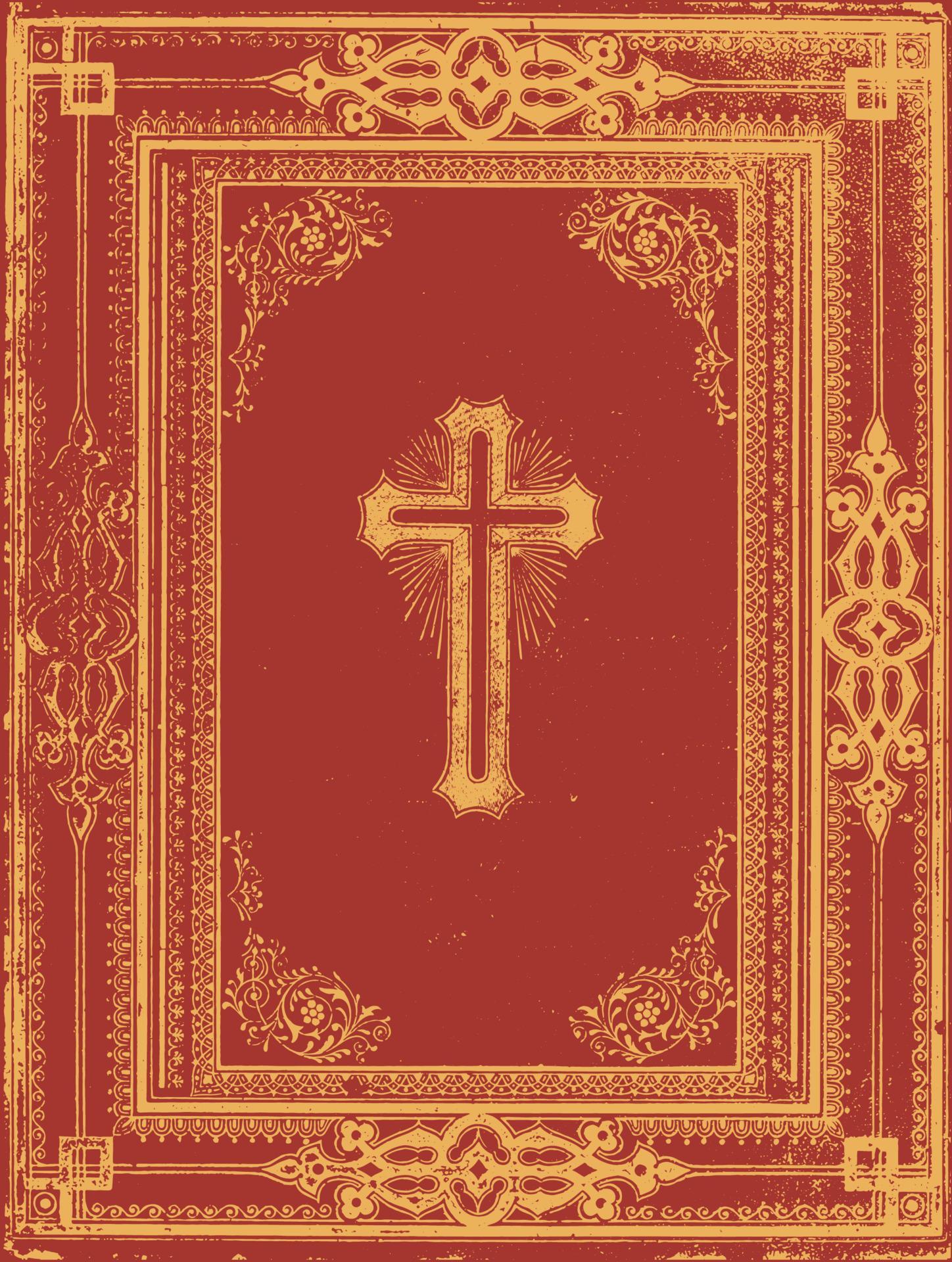 Vintage Bible cover with a radiant cross. Floral elements with Red and
