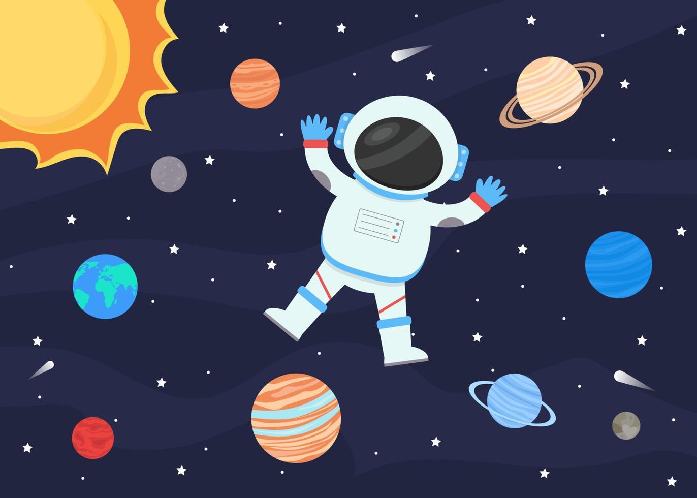 Astronaut in a spacesuit, against the background of the starry sky and the planets of the solar system. vector