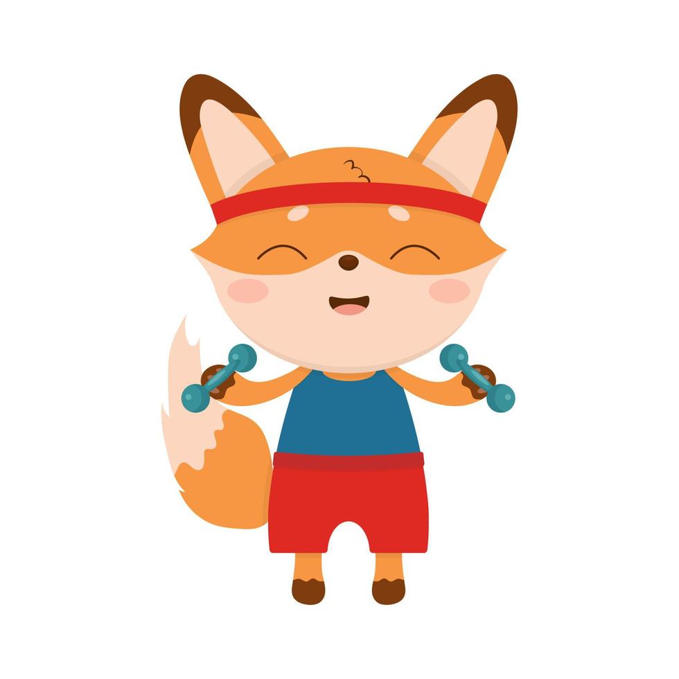 Cute cartoon fox athlete, with dumbbells. vector