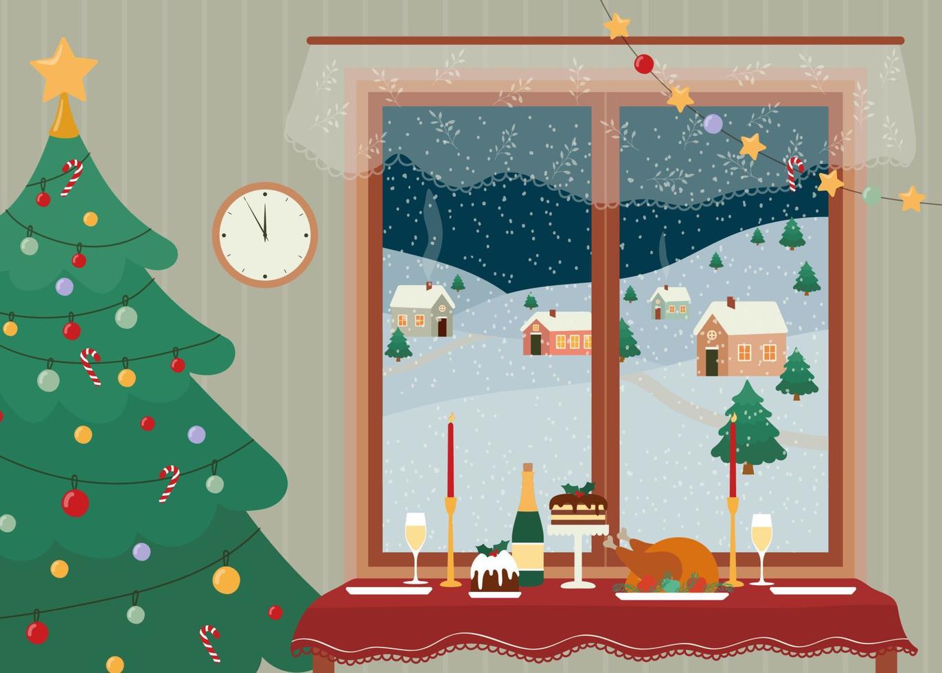 Festive Christmas dinner table, with champagne and food, against the window. Celebration atmosphere. vector