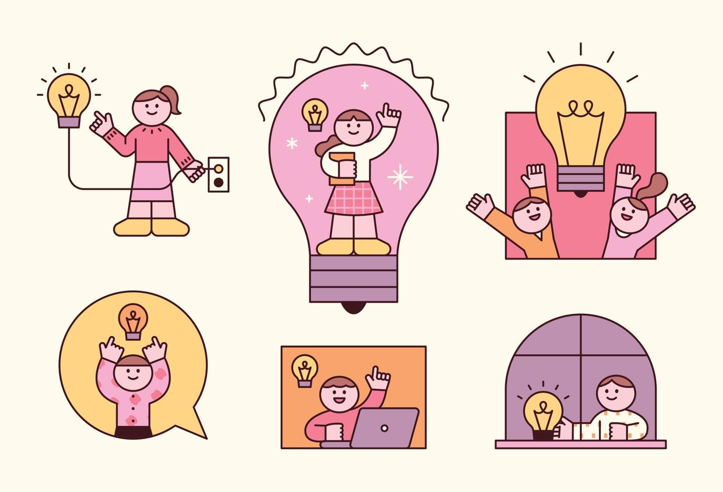 Electricity, light bulb and power concept illustration with cute kids characters. outline simple vector illustration.