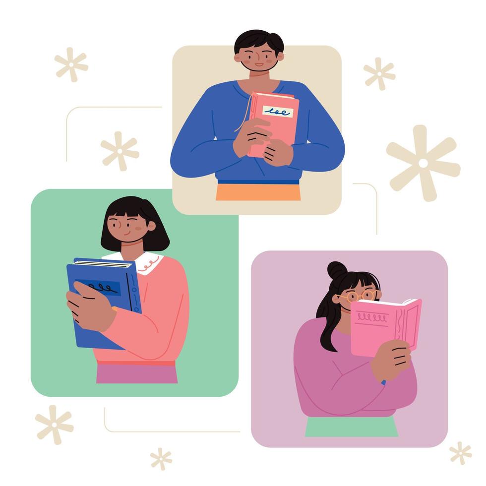 Three people are standing with books. They are placed in their respective frames. flat vector illustration.