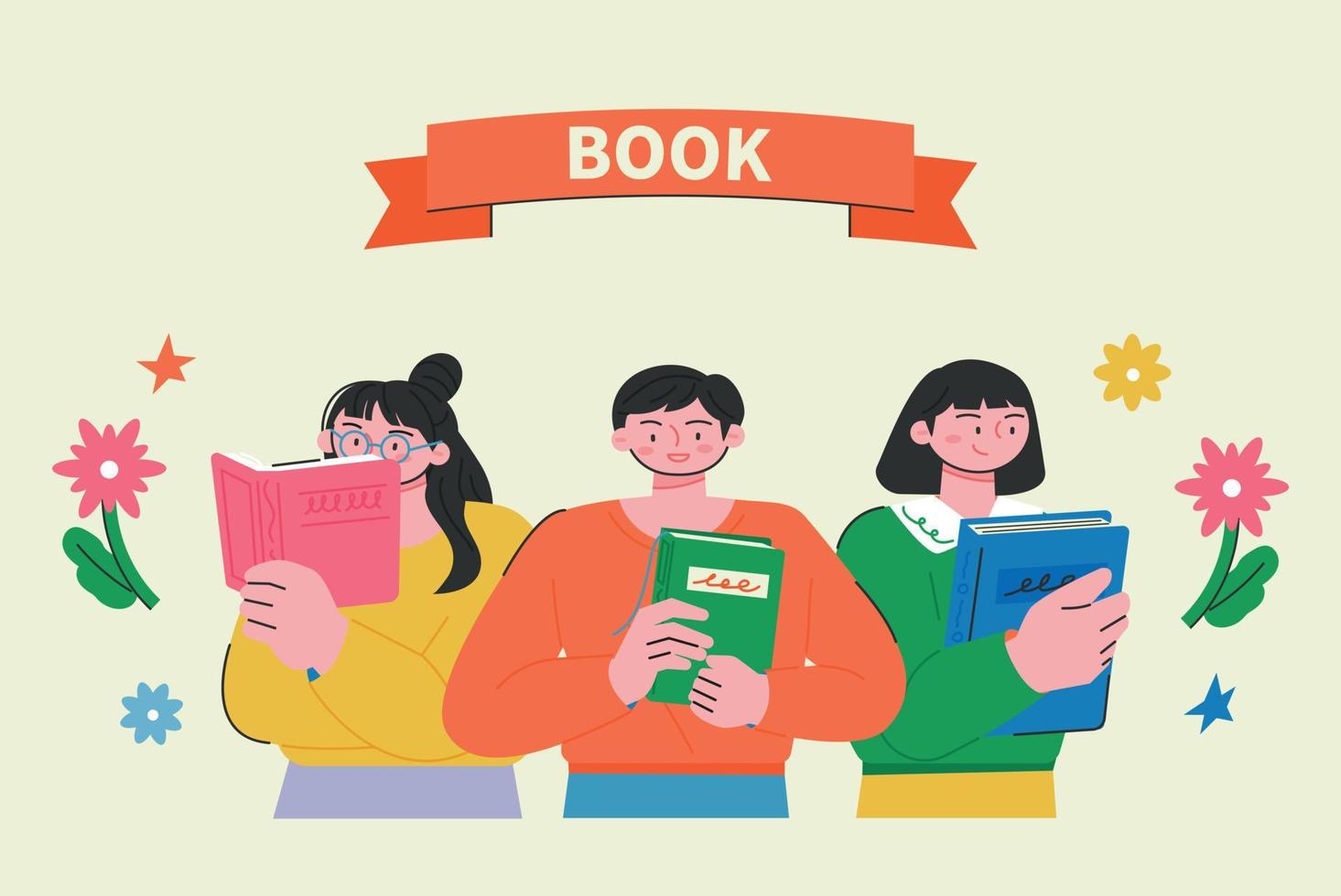 Three people are standing with books. Labels and flowers are decorated. flat vector illustration.