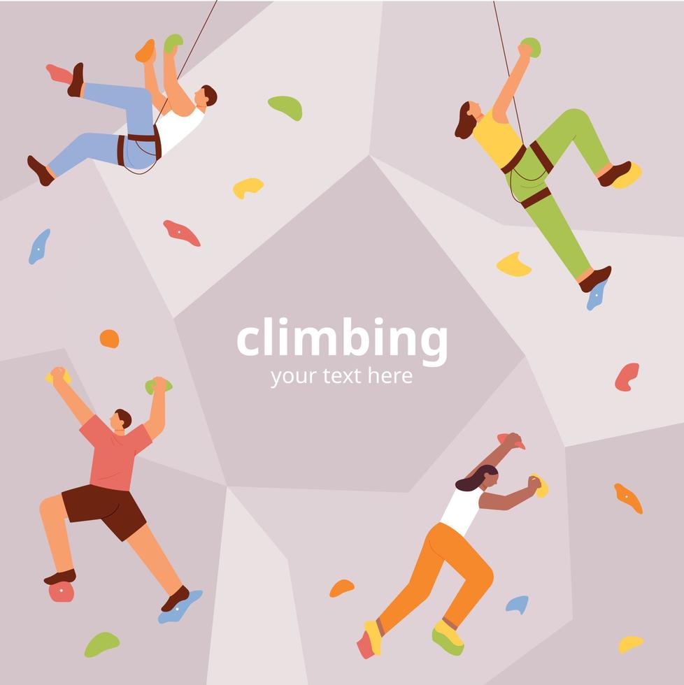 People are climbing each indoor rock wall. flat vector illustration.
