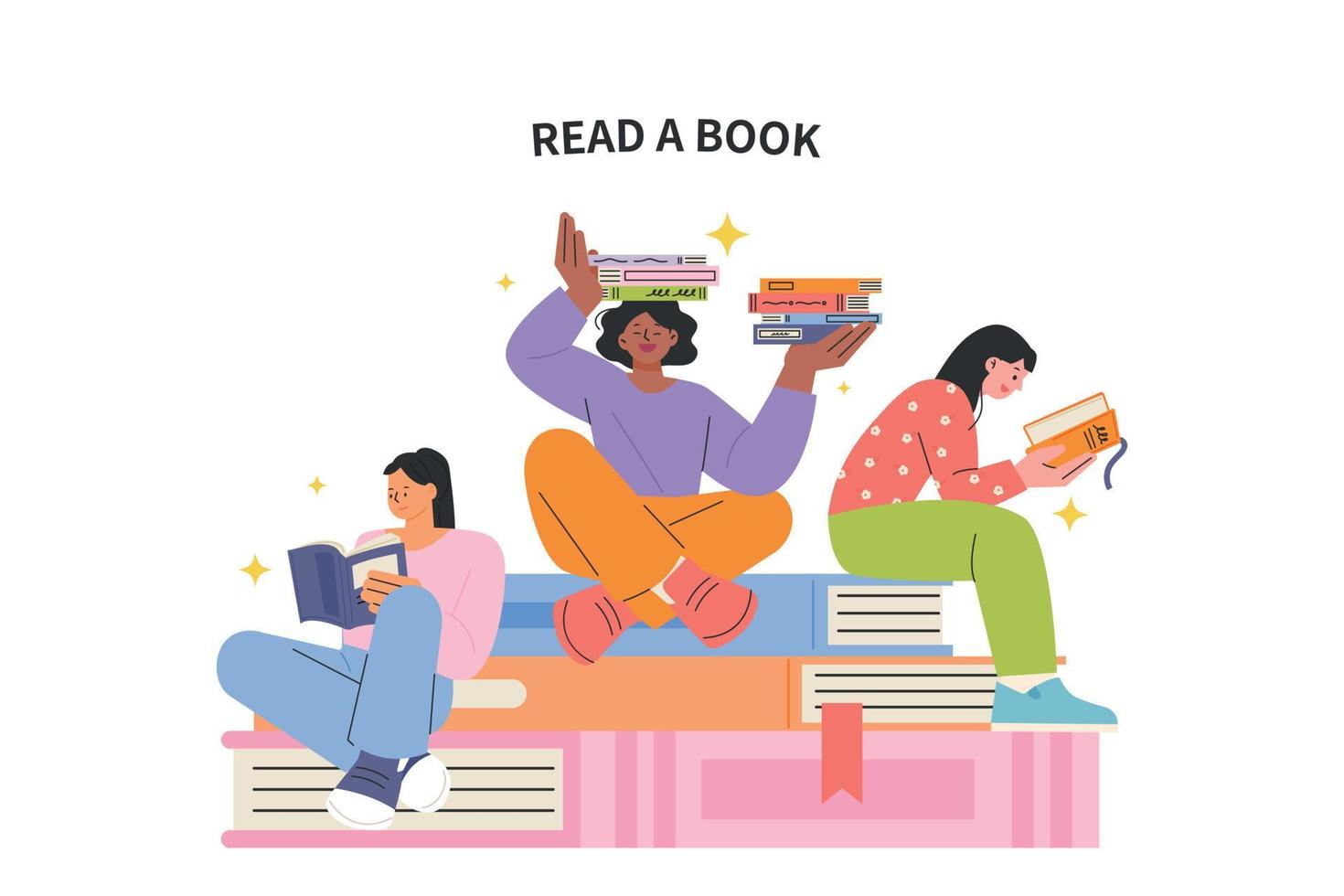 People are sitting and reading books on large piles of books. flat vector illustration.