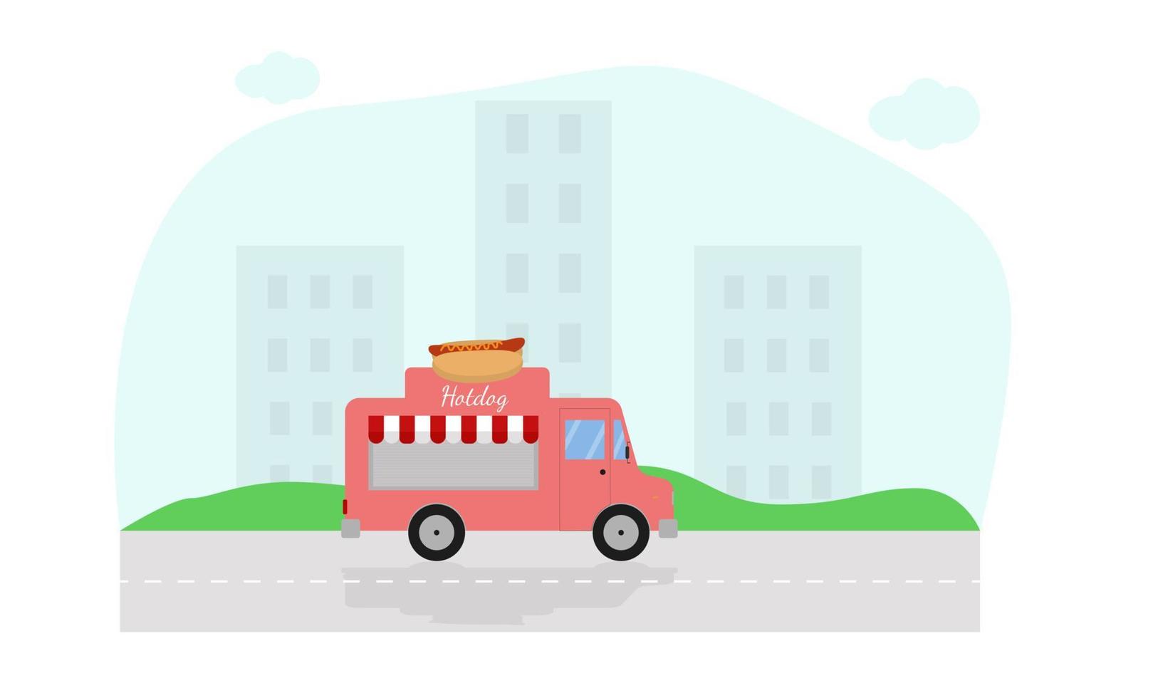 Truck with food for cooking hot dogs is driving around the city. Flat. Vector illustration