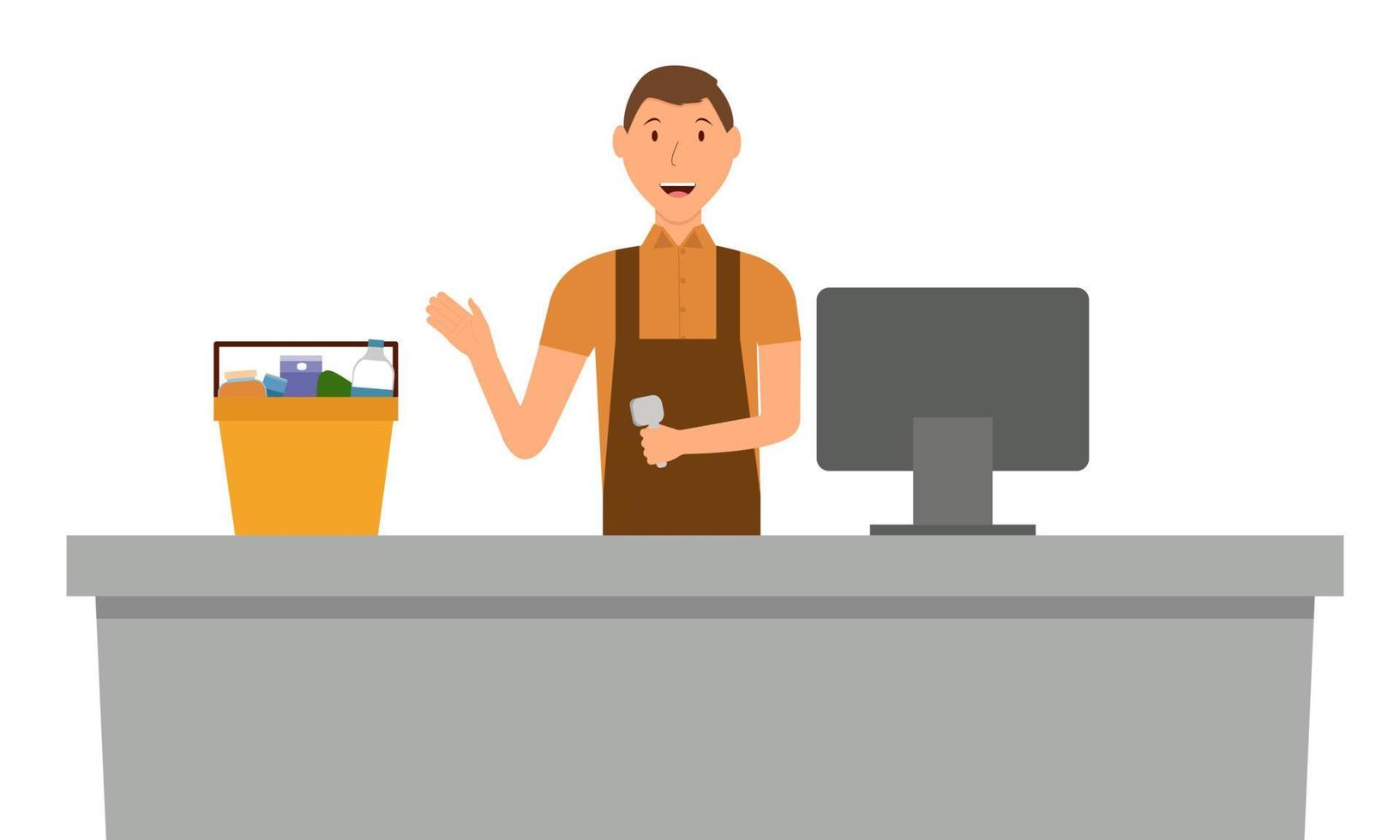 Cashier at the checkout punches the goods. Work related to customer service. Cartoon. Vector illustration