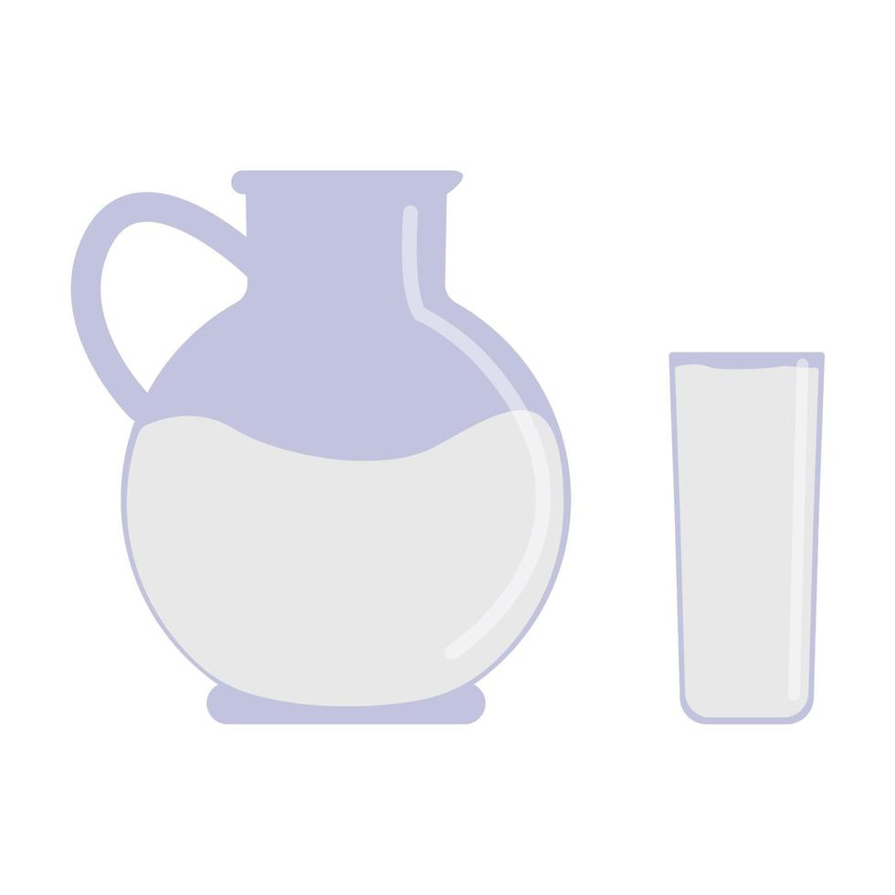 Jug and a glass of milk. A nutritious product healthy, rich in calcium. Flat. Vector illustration