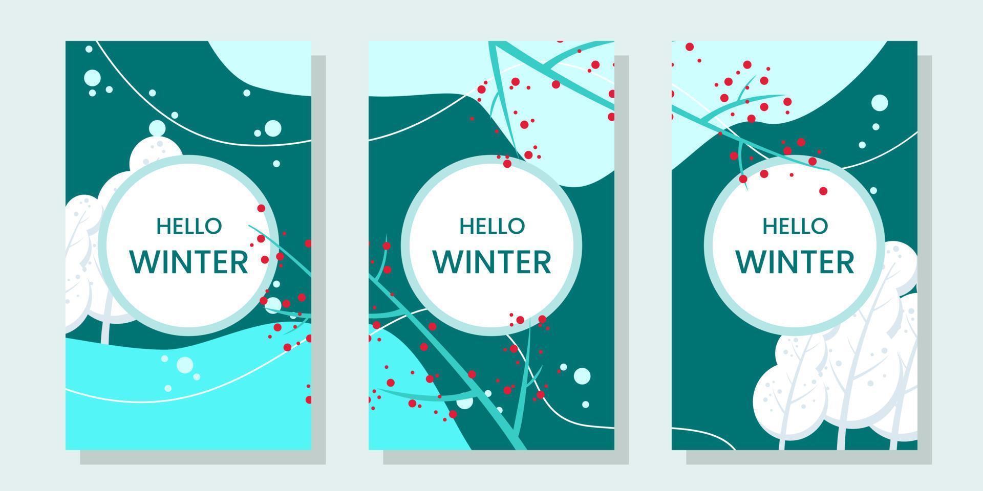 set of dark green, pastel blue and white abstract backgrounds with winter theme. use for backgroud, banner, flyer, brochure, greeting card and social media stories. nature ,flat and simple style vector