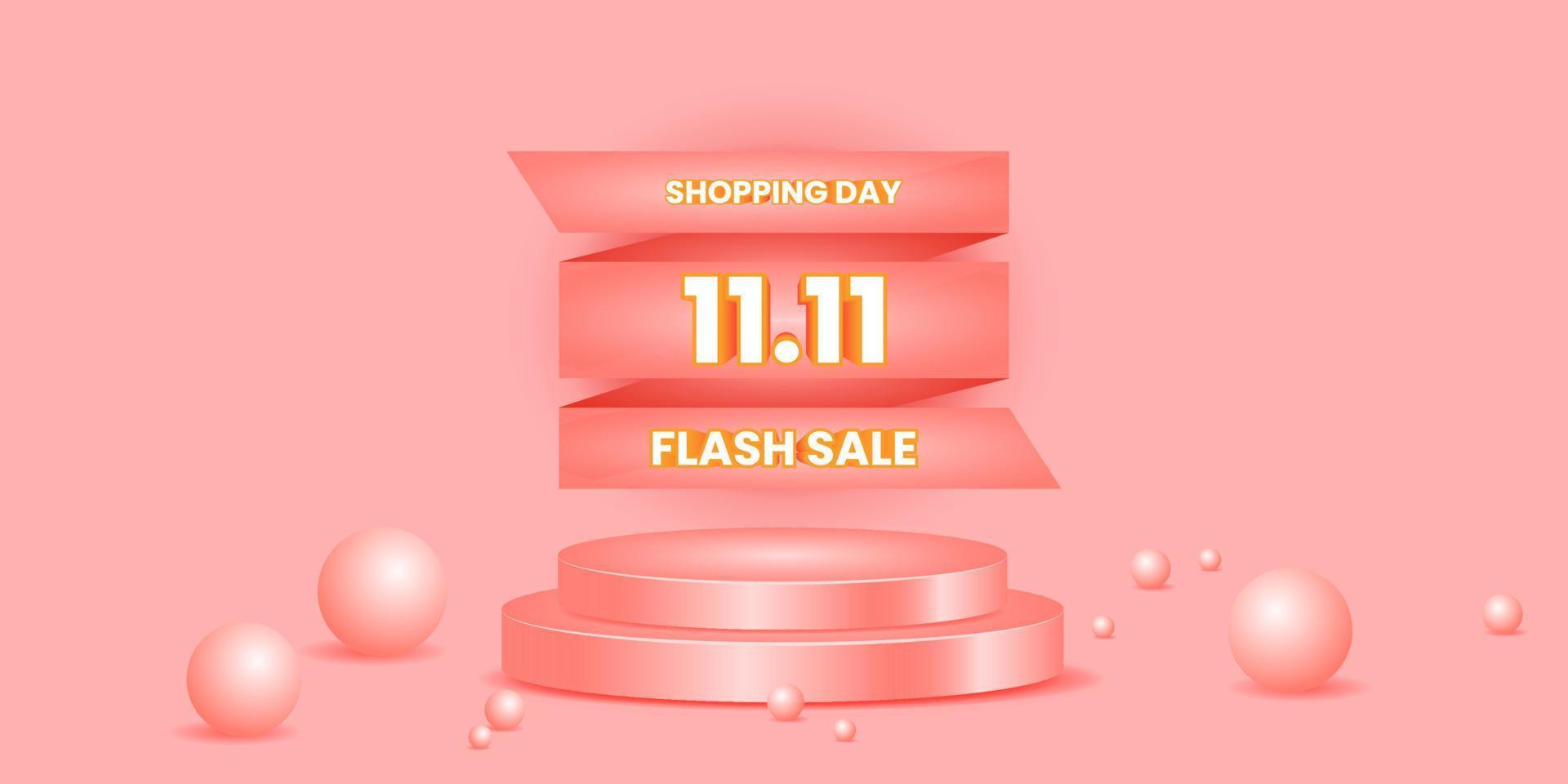 shopping day 11 11 banner with pink cylinder podium. 3d, simple and elegant style. use for background, promotion, poster and flyer vector