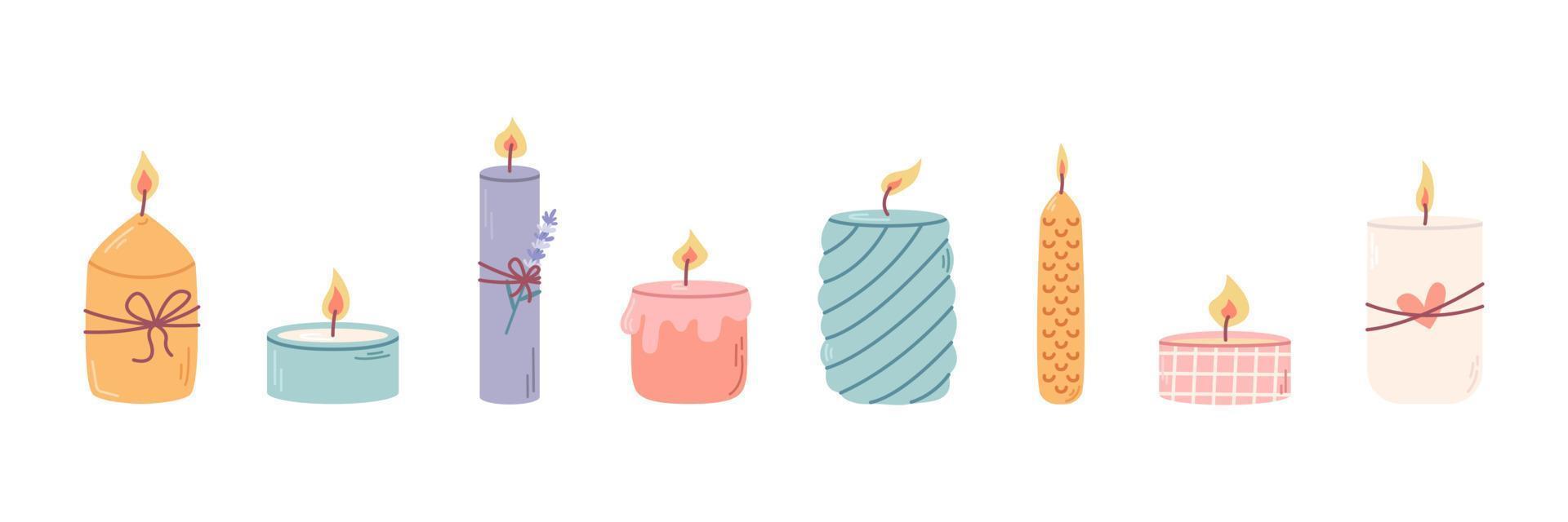 conjunto de diferentes velas perfumadas decorativas en candelabros para relajación y spa. ilustración plana vectorial vector