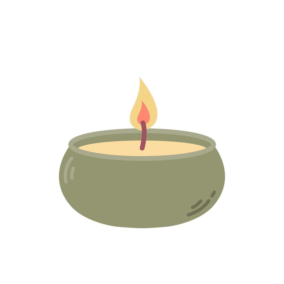 Lit candle in green candlestick, vector flat illustration on white background