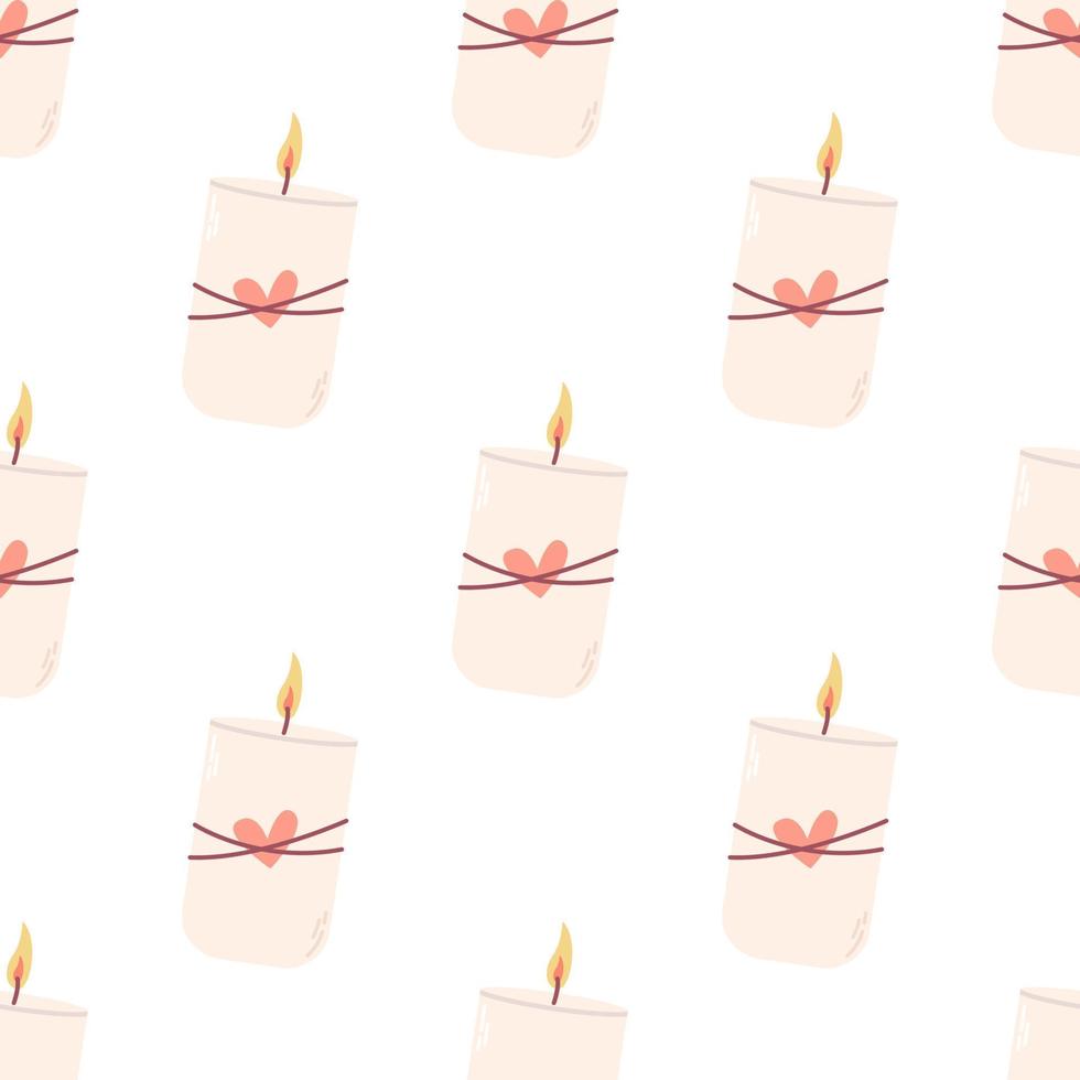Candle lighted with heart, vector seamless pattern on white background