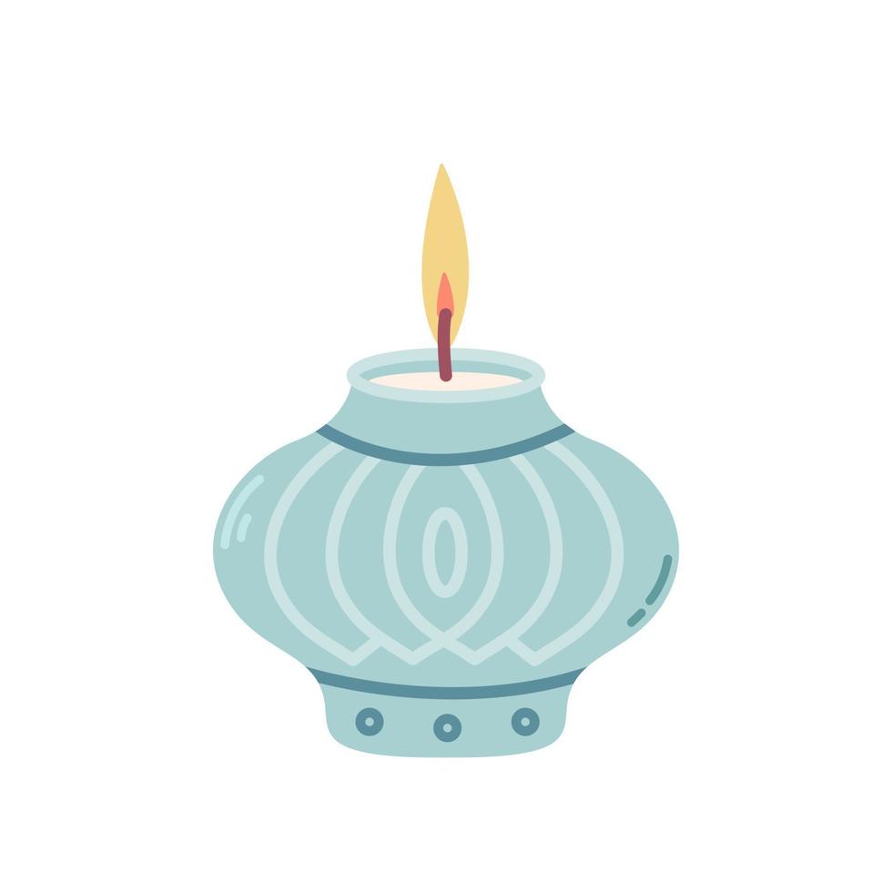 Lit candle in blue candlestick, vector flat illustration on white background