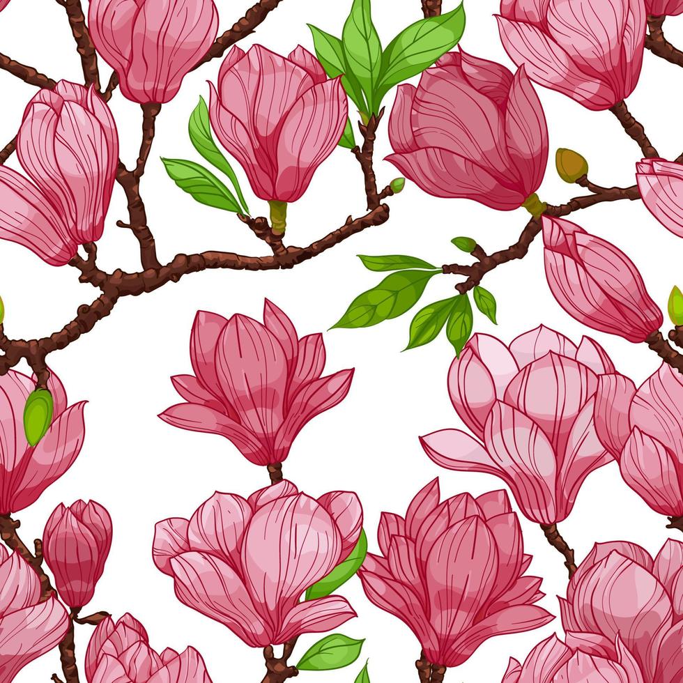pink blossom magnolia flowers, seamless pattern. hand drawn illustration vector